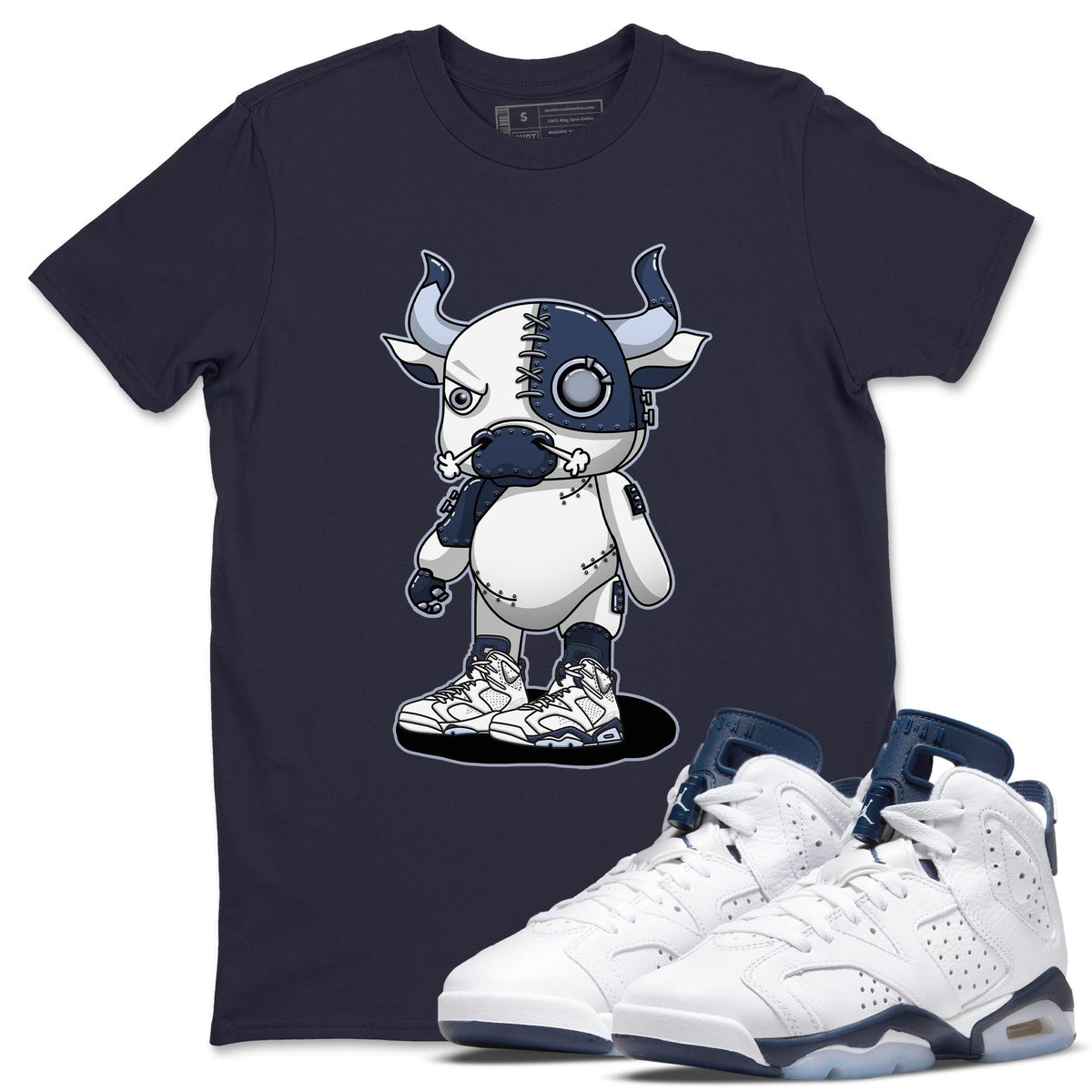 Jordan 6 Midnight Navy Sneaker Matching T-Shirt Cyborg Bull Sneaker Tees Jordan 6 Midnight Navy Sneaker Release Tees Crew Neck Tees