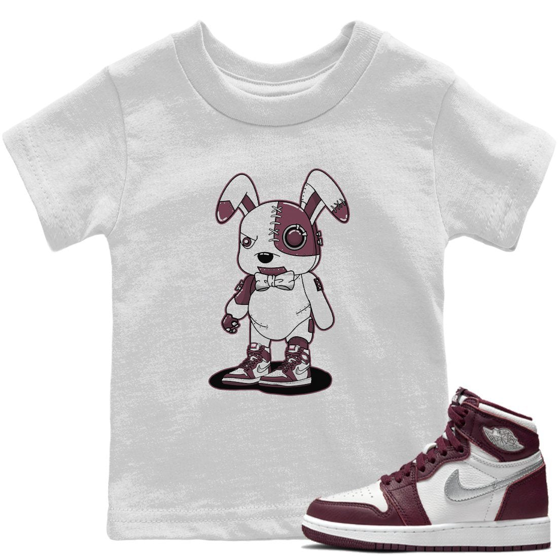 Jordan 1 Bordeaux Sneaker Matching T-Shirt Cyborg Bunny Sneaker Tees Jordan 1 Bordeaux Sneaker Release Tees Kids Shirts