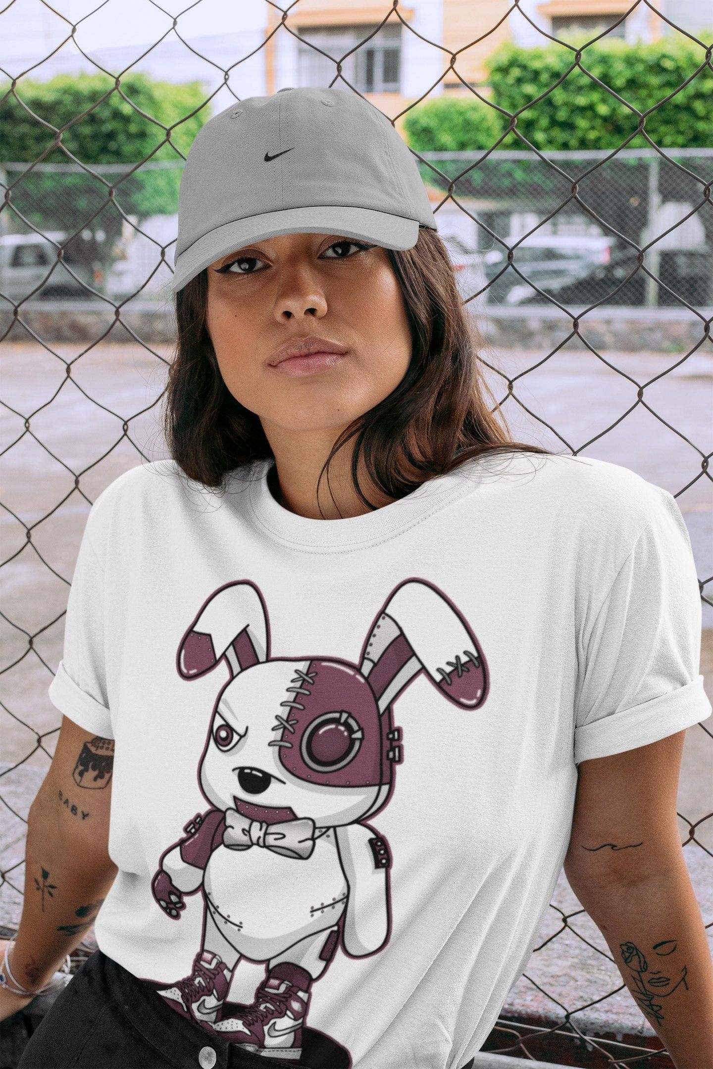 Jordan 1 Bordeaux Sneaker Matching T-Shirt Cyborg Bunny Sneaker Tees Jordan 1 Bordeaux Sneaker Release Tees Crew Neck Tees