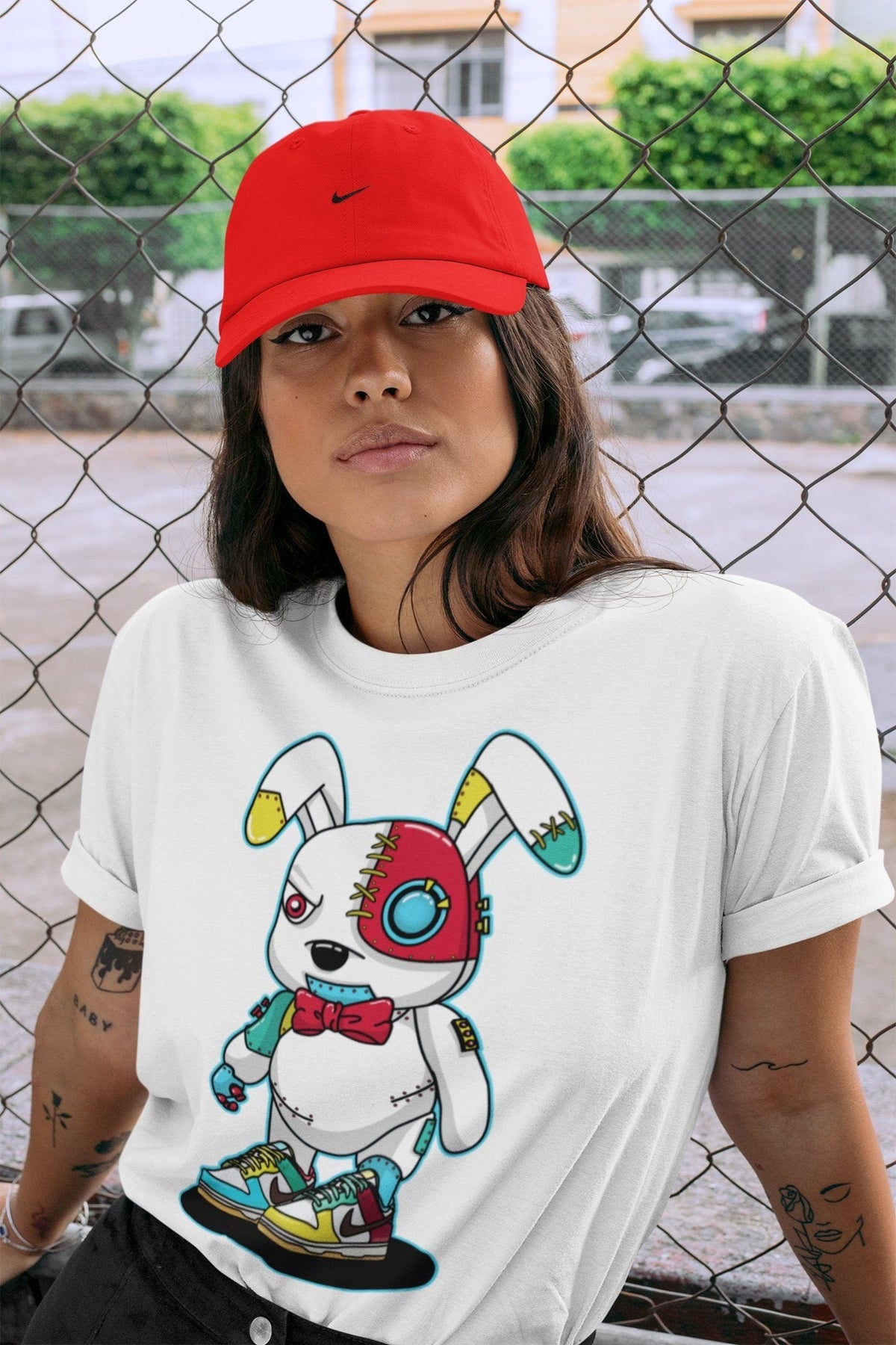 Dunk Free 99 White Sneaker Match Tees Cyborg Bunny Sneaker Tees Dunk Free 99 White Jordan to match sneaker T-Shirt Crew Neck Shirts