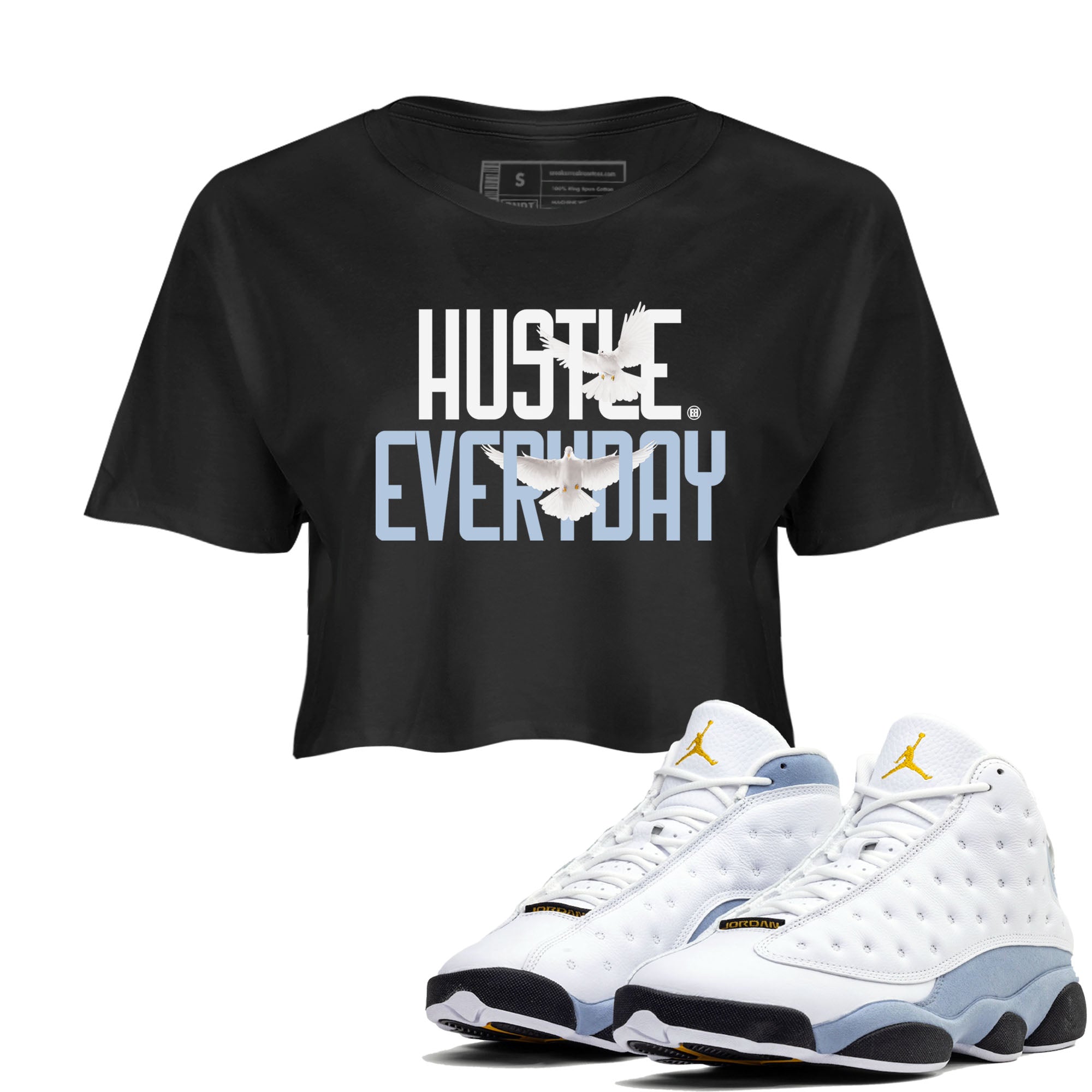 13s Blue Grey shirt to match jordans Daily Hustle sneaker tees Air Jordan 13 Blue Grey Drip Gear Zone Black 1 crop length shirt