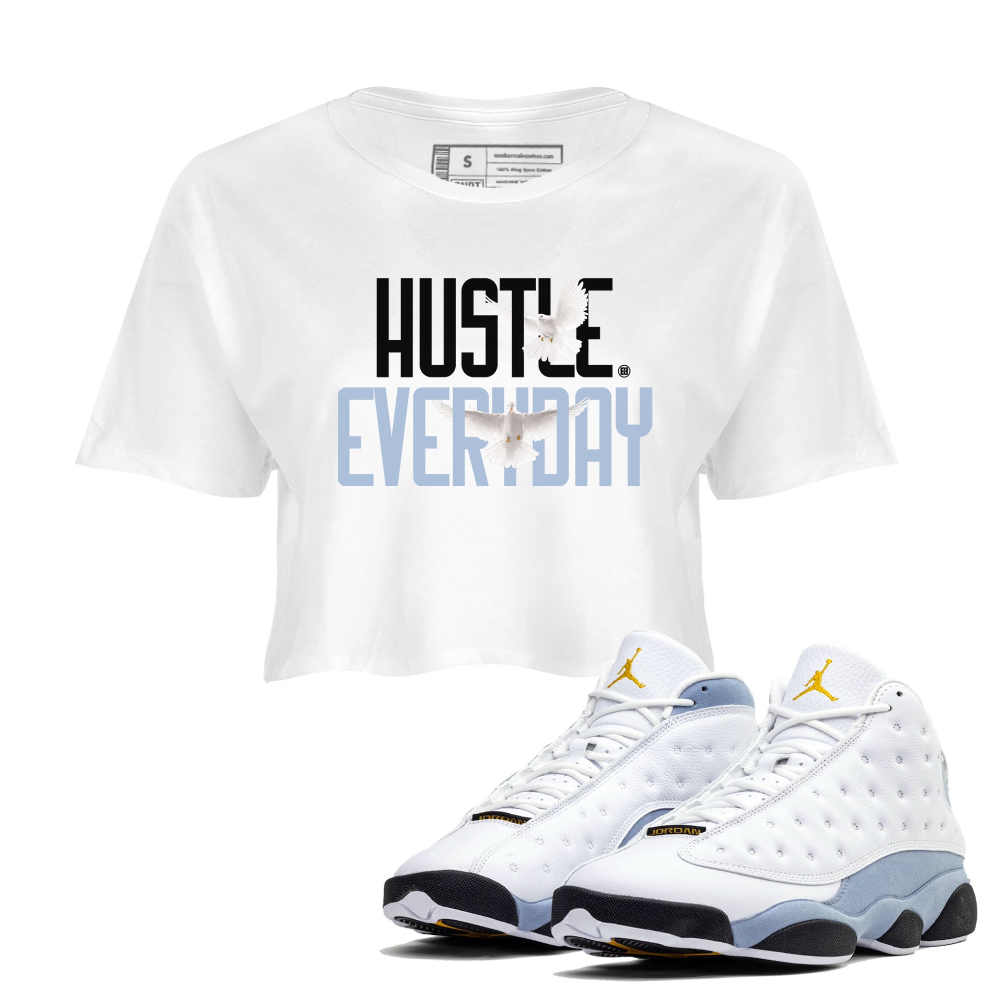 13s Blue Grey shirt to match jordans Daily Hustle sneaker tees Air Jordan 13 Blue Grey Drip Gear Zone White 1 crop length shirt