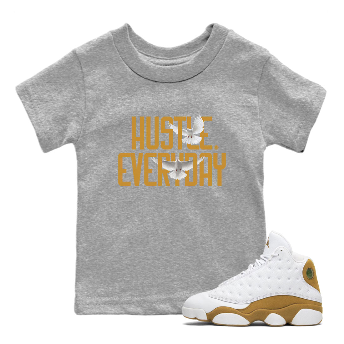 Air Jordan 13 Retro Wheat Sneaker Matching Clothes Daily Hustle Streetwear Sneaker Shirt Air Jordan 13 Wheat Drip Gear Zone Sneaker Matching Clothing Kids and Baby Youth Shirts Heather Grey 1