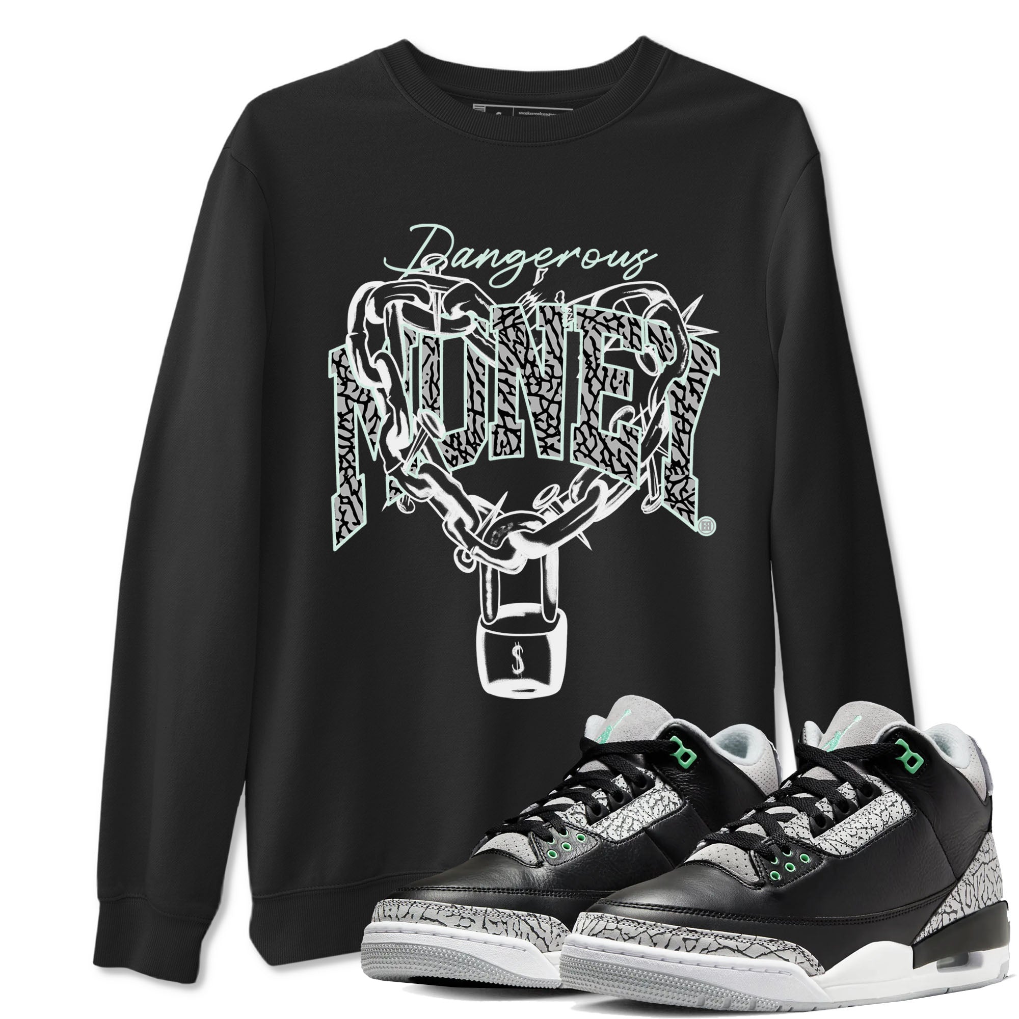 3s Green Glow shirt to match jordans Dangerous Money sneaker tees Air Jordan 3 Retro Green Glow Drip Gear Zone unisex cotton Black 1 crew neck shirt