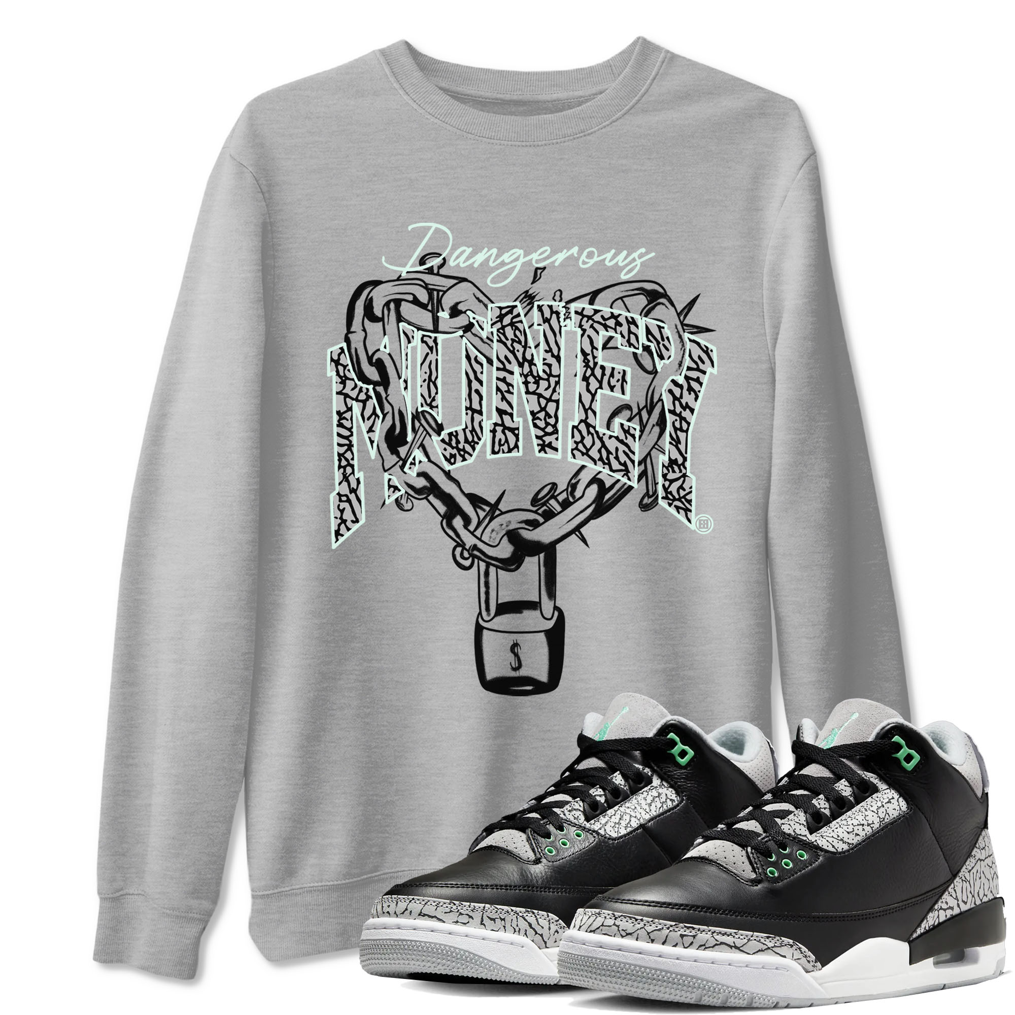 3s Green Glow shirt to match jordans Dangerous Money sneaker tees Air Jordan 3 Retro Green Glow Drip Gear Zone unisex cotton Heather Grey 1 crew neck shirt