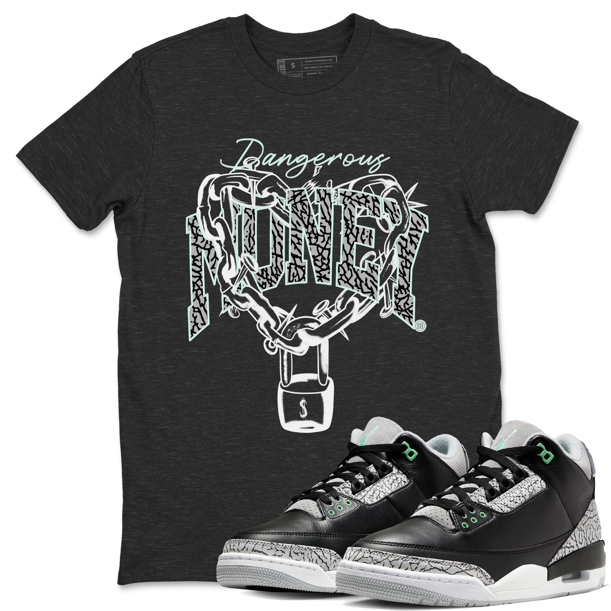 3s Green Glow shirt to match jordans Dangerous Money sneaker tees Air Jordan 3 Retro Green Glow Drip Gear Zone unisex cotton Charcoal Heather 1 crew neck shirt