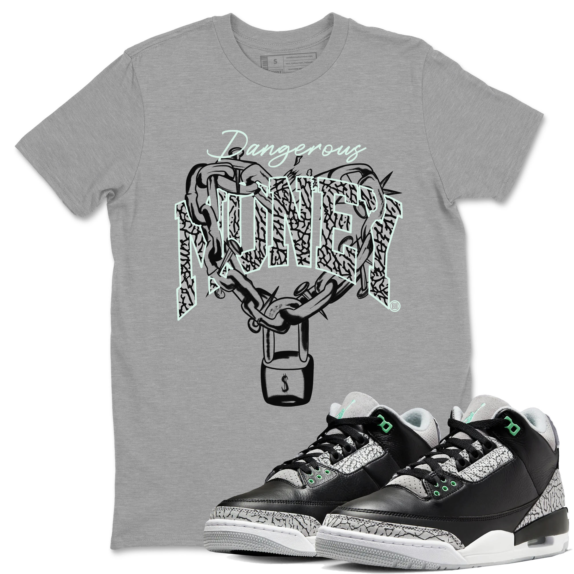 3s Green Glow shirt to match jordans Dangerous Money sneaker tees Air Jordan 3 Retro Green Glow Drip Gear Zone unisex cotton Heather Grey 1 crew neck shirt