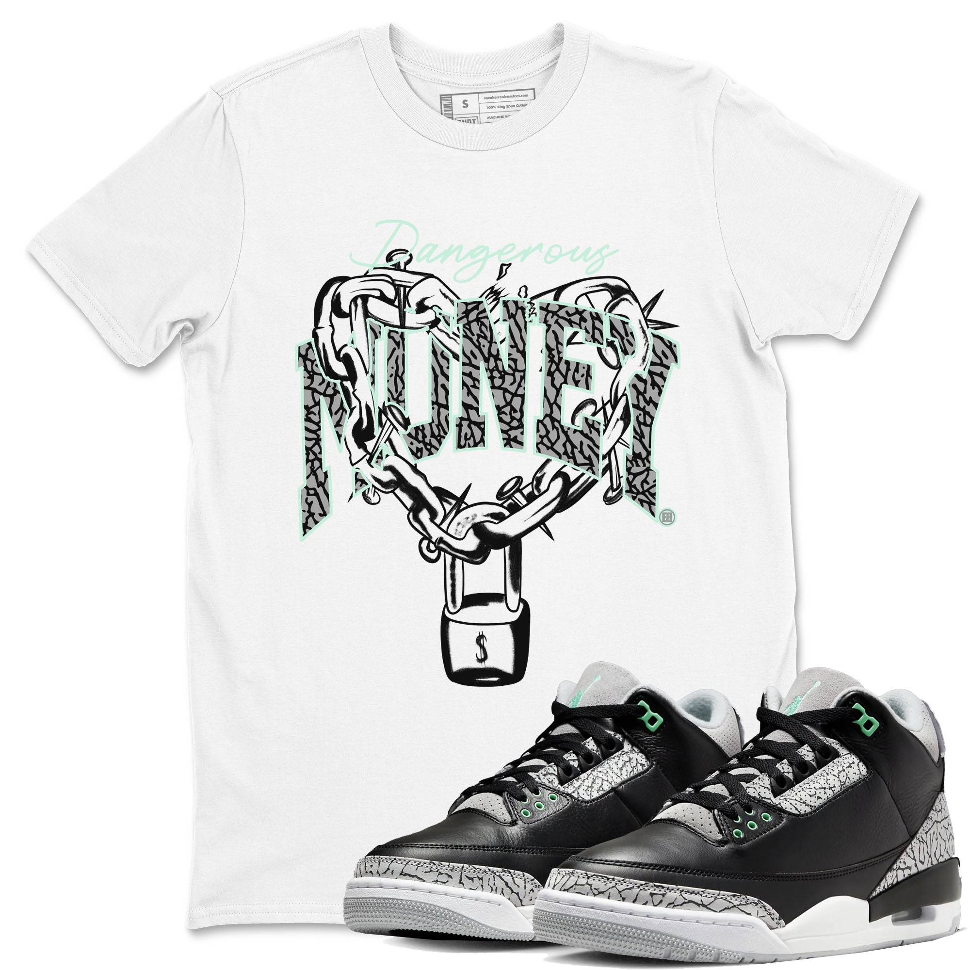 3s Green Glow shirt to match jordans Dangerous Money sneaker tees Air Jordan 3 Retro Green Glow Drip Gear Zone unisex cotton White 1 crew neck shirt
