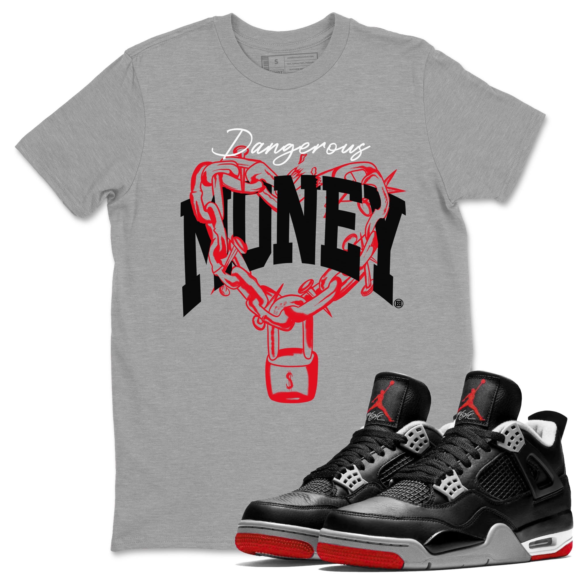 4s Bred Reimagined shirt to match jordans Dangerous Money sneaker tees Air Jordan 4 Bred Reimagined Drip Gear Zone Streetwear unisex cotton Heather Grey 1 crew neck shirt