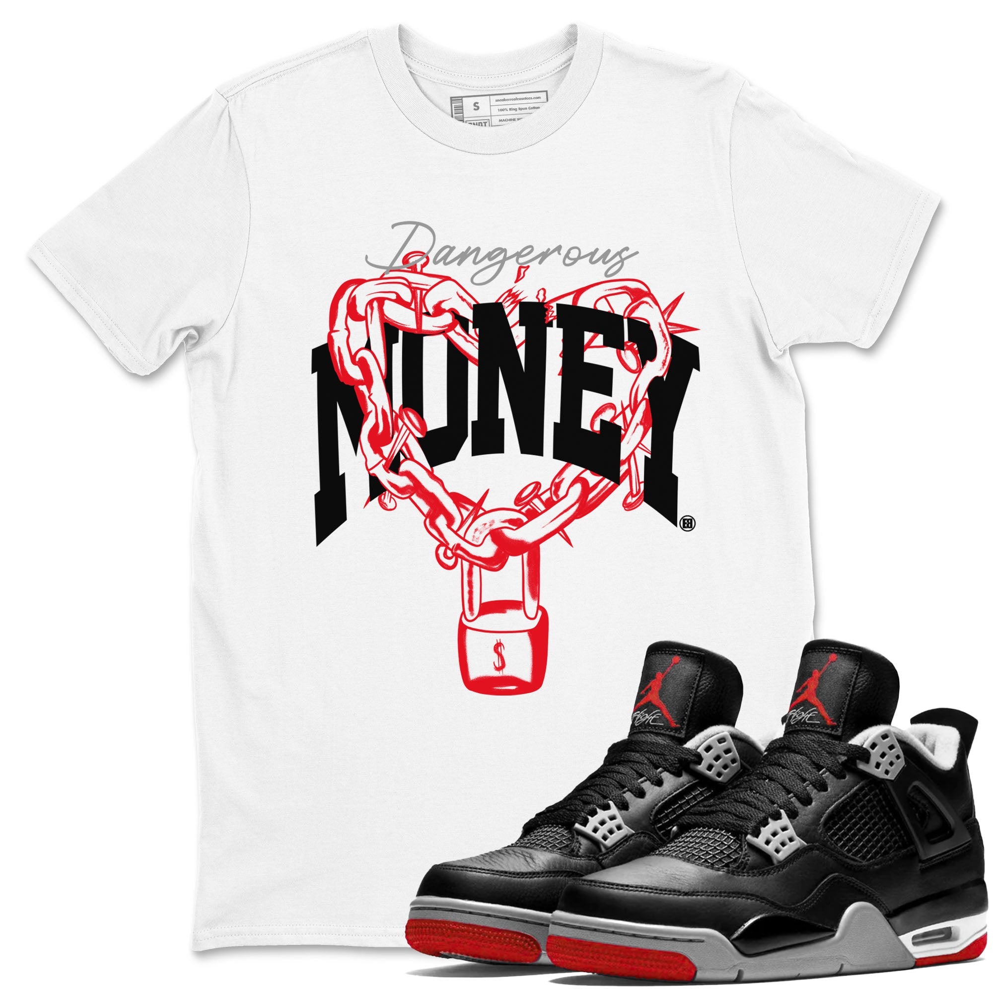 4s Bred Reimagined shirt to match jordans Dangerous Money sneaker tees Air Jordan 4 Bred Reimagined Drip Gear Zone Streetwear unisex cotton White 1 crew neck shirt