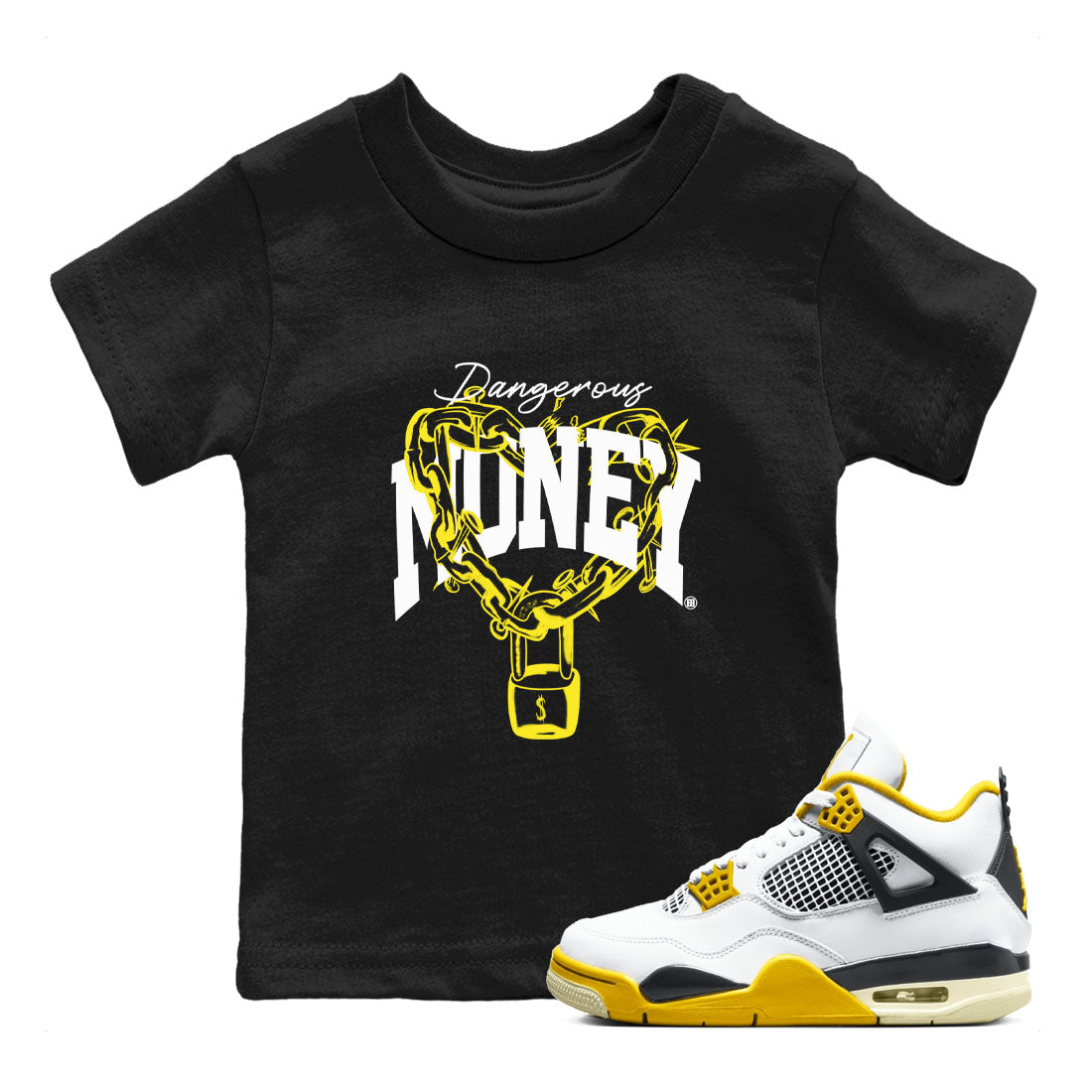 4s Vivid Sulfur shirt to match jordans Dangerous Money sneaker tees Air Jordan 4 Vivid Sulfur Drip Gear Zone baby toddler Black 1 cotton Shirt