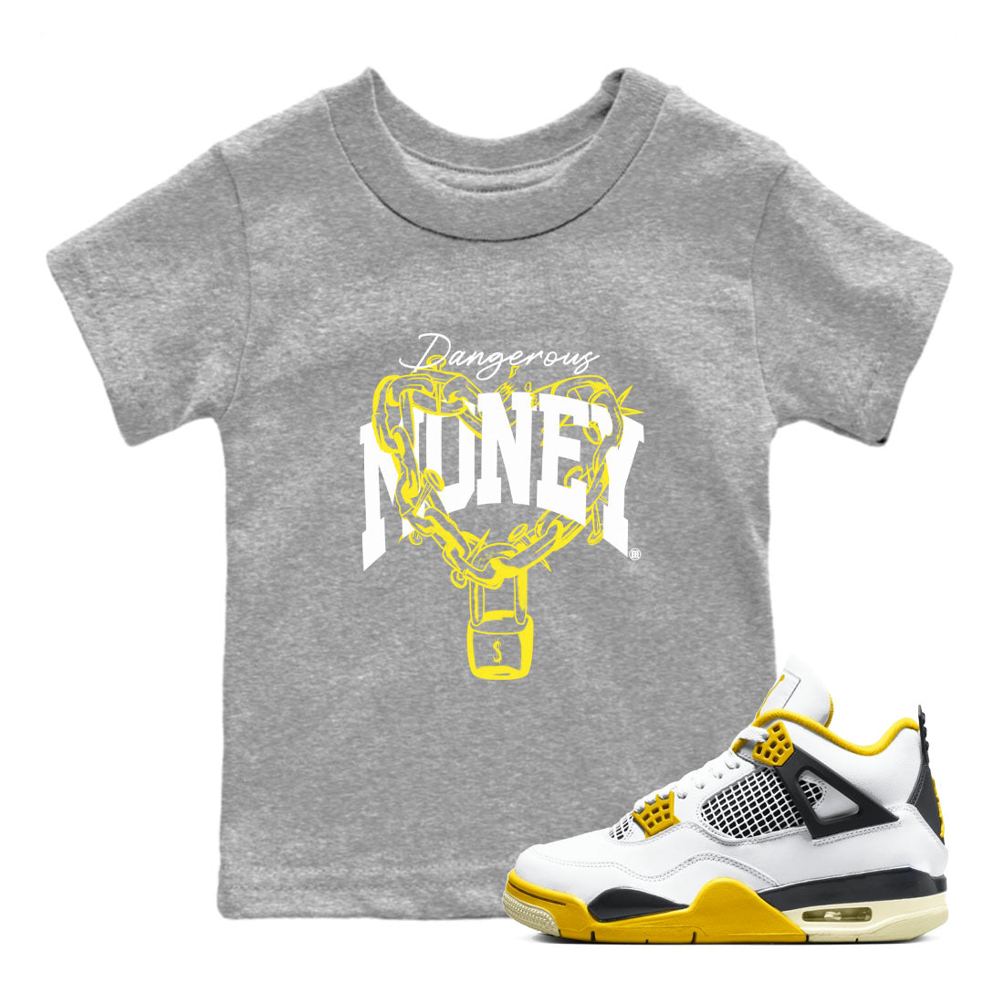 4s Vivid Sulfur shirt to match jordans Dangerous Money sneaker tees Air Jordan 4 Vivid Sulfur Drip Gear Zone baby toddler Heather Grey 1 cotton Shirt