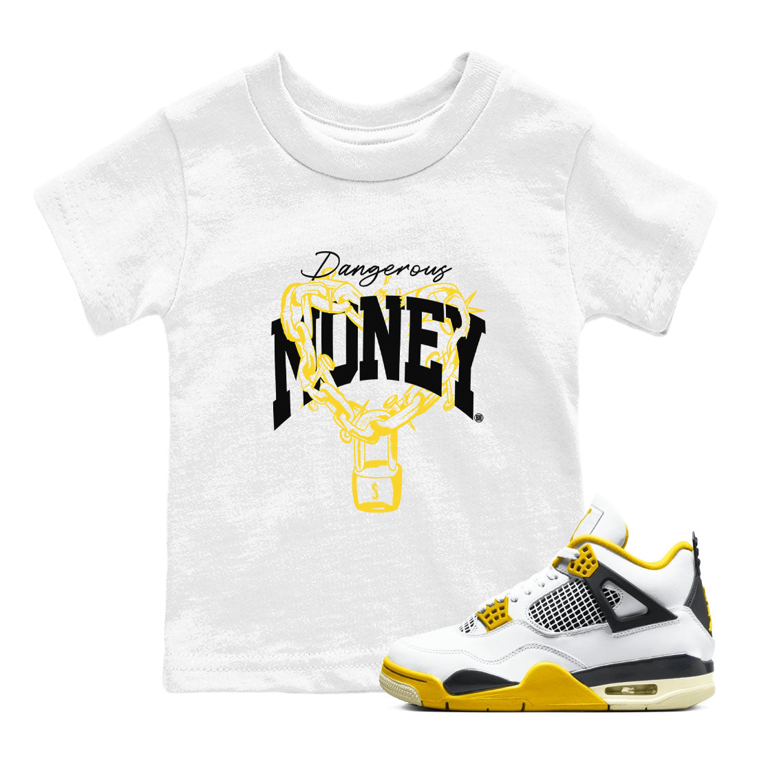 4s Vivid Sulfur shirt to match jordans Dangerous Money sneaker tees Air Jordan 4 Vivid Sulfur Drip Gear Zone baby toddler White 1 cotton Shirt