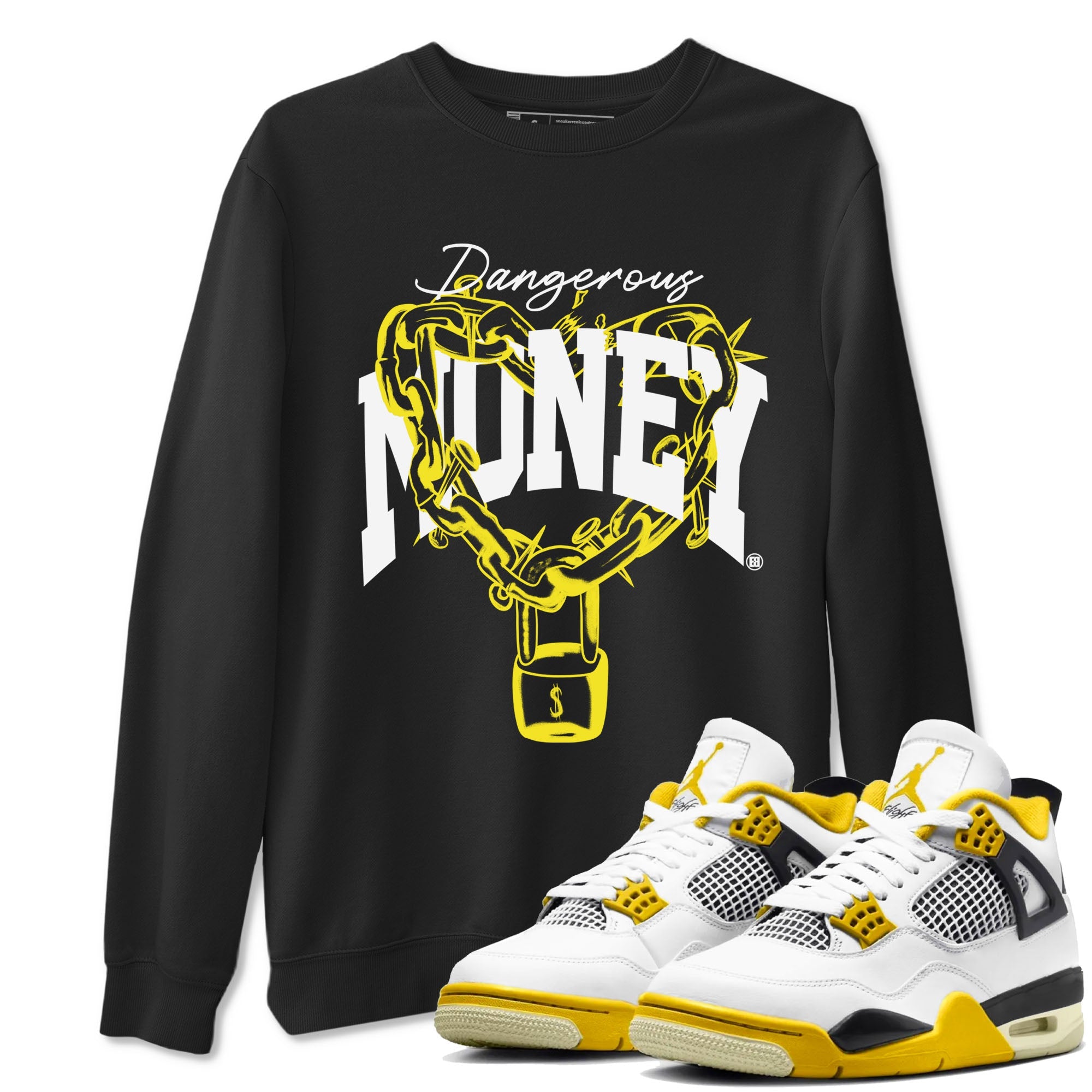 4s Vivid Sulfur shirt to match jordans Dangerous Money sneaker tees Air Jordan 4 Vivid Sulfur Drip Gear Zone unisex cotton Black 1 crew neck shirt