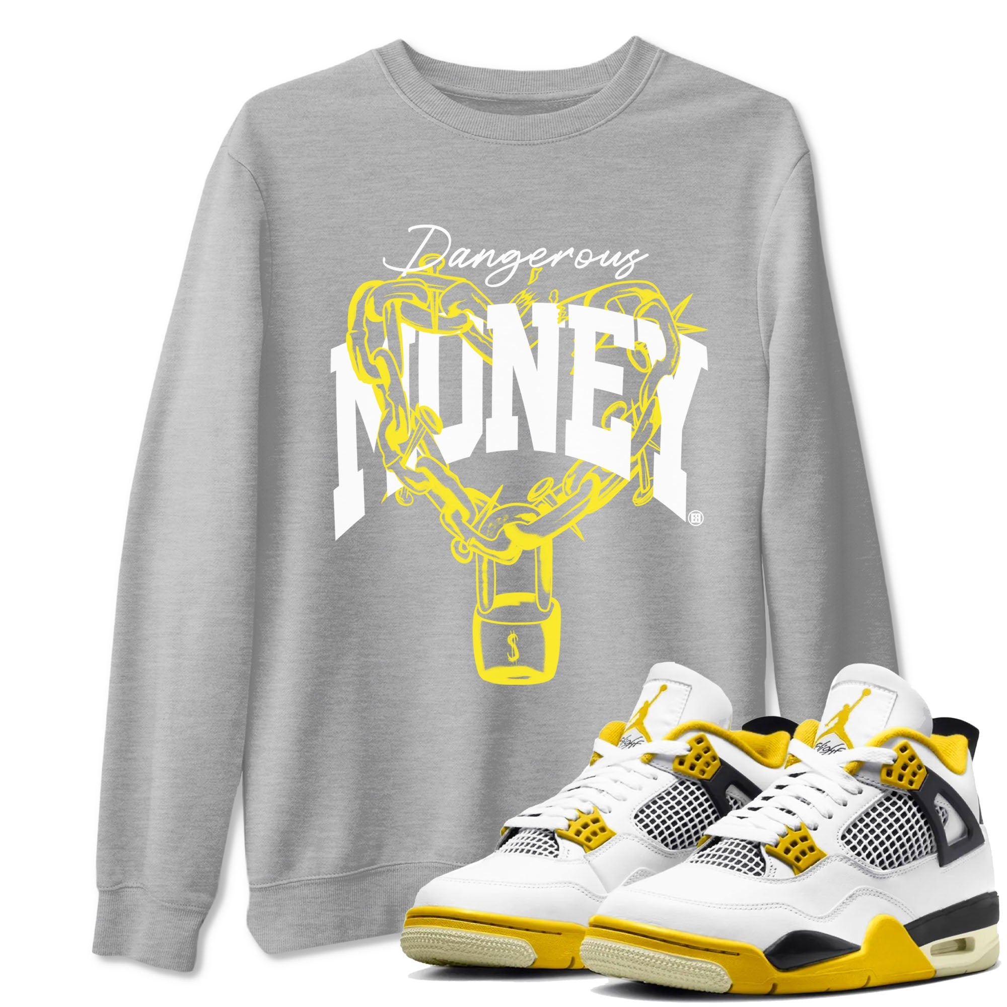 4s Vivid Sulfur shirt to match jordans Dangerous Money sneaker tees Air Jordan 4 Vivid Sulfur Drip Gear Zone unisex cotton Heather Grey 1 crew neck shirt