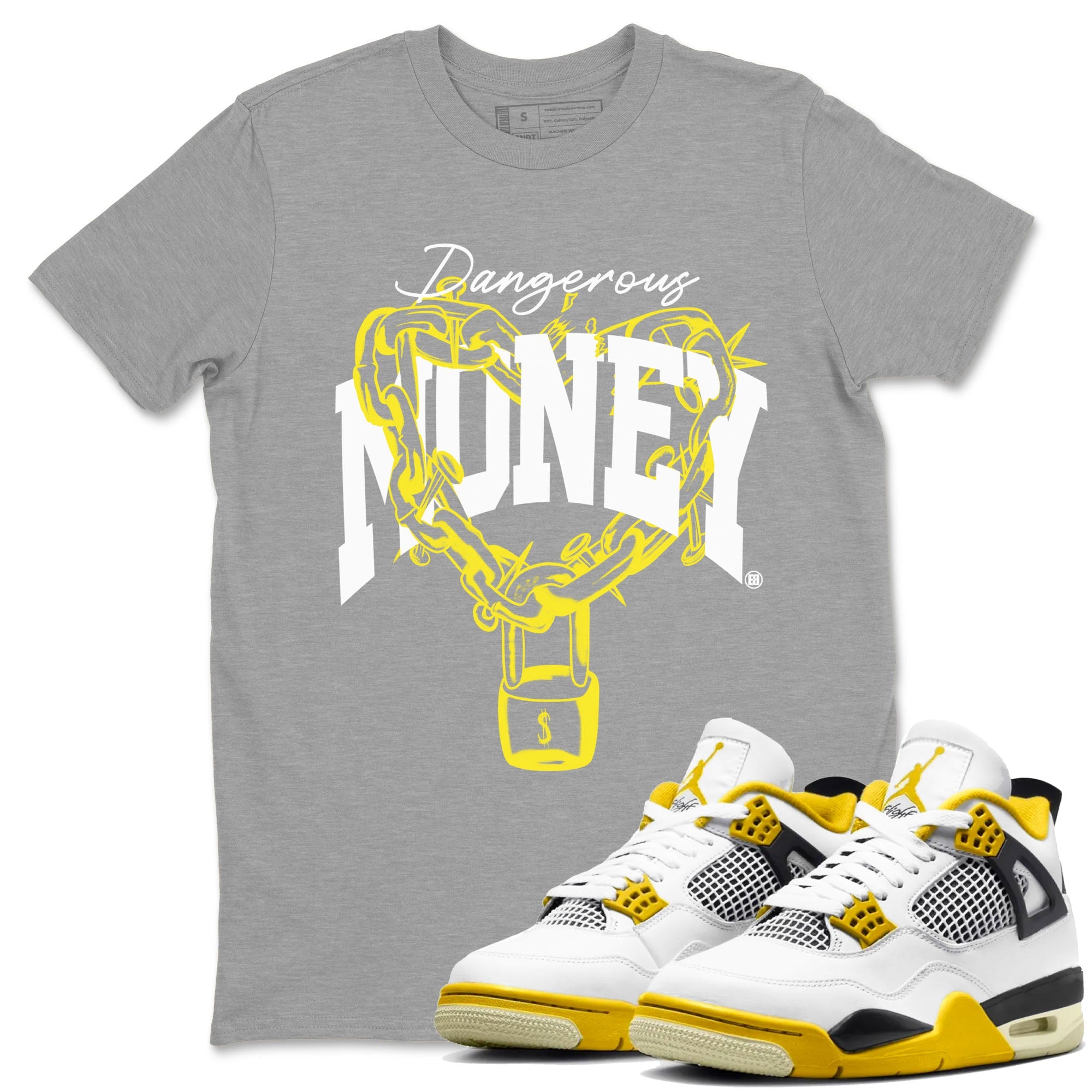 4s Vivid Sulfur shirt to match jordans Dangerous Money sneaker tees Air Jordan 4 Vivid Sulfur Drip Gear Zone unisex cotton Heather Grey 1 crew neck shirt