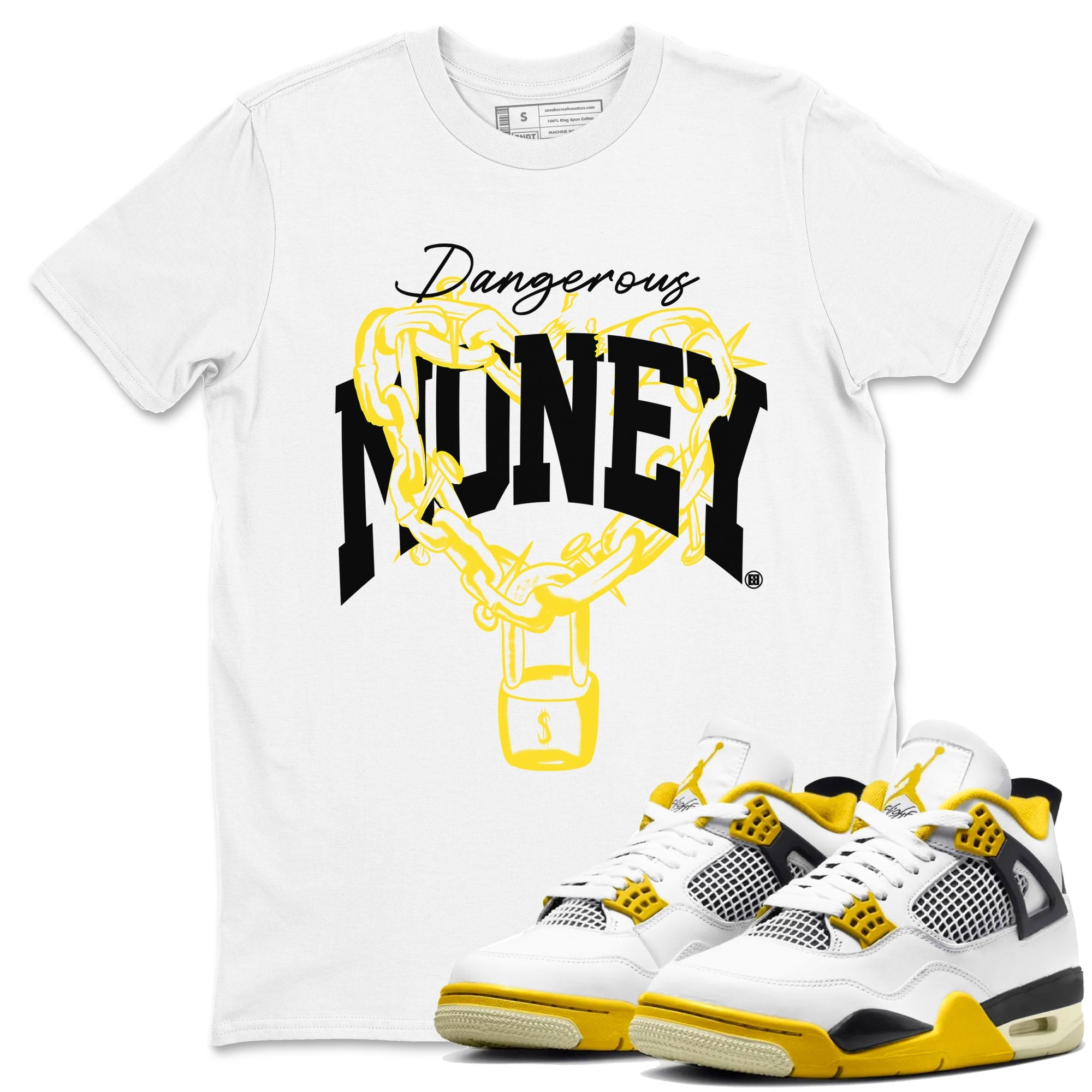 4s Vivid Sulfur shirt to match jordans Dangerous Money sneaker tees Air Jordan 4 Vivid Sulfur Drip Gear Zone unisex cotton White 1 crew neck shirt