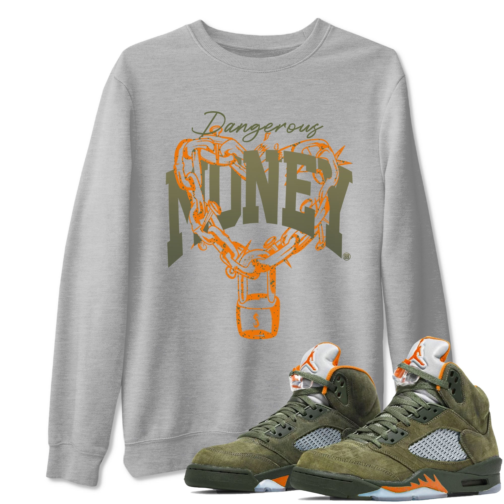 5s Olive shirt to match jordans Dangerous Money sneaker tees Air Jordan 5 Olive Drip Gear Zone Streetwear unisex cotton Heather Grey 1 crew neck shirt