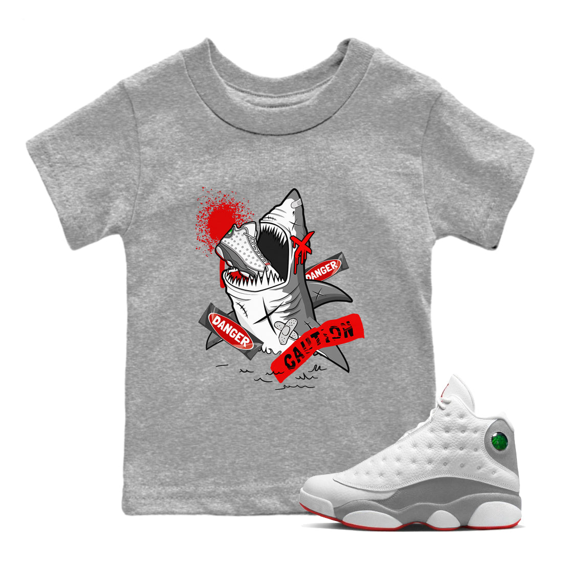 Wolf Grey 13 shirt to match jordans Dangerous Shark Streetwear Sneaker Shirt Air Jordan 13 Wolf Grey Drip Gear Zone Sneaker Matching Clothing Baby Toddler Heather Grey 1 T-Shirt
