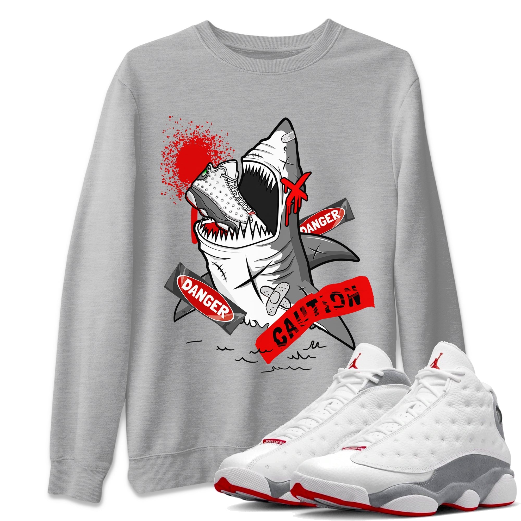 Wolf Grey 13 shirt to match jordans Dangerous Shark Streetwear Sneaker Shirt Air Jordan 13 Wolf Grey Drip Gear Zone Sneaker Matching Clothing Unisex Heather Grey 1 T-Shirt