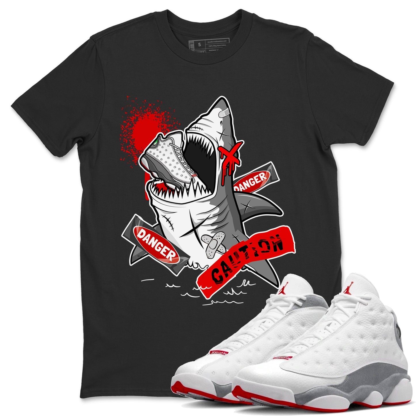 Wolf Grey 13 shirt to match jordans Dangerous Shark Streetwear Sneaker Shirt Air Jordan 13 Wolf Grey Drip Gear Zone Sneaker Matching Clothing Unisex Black 1 T-Shirt