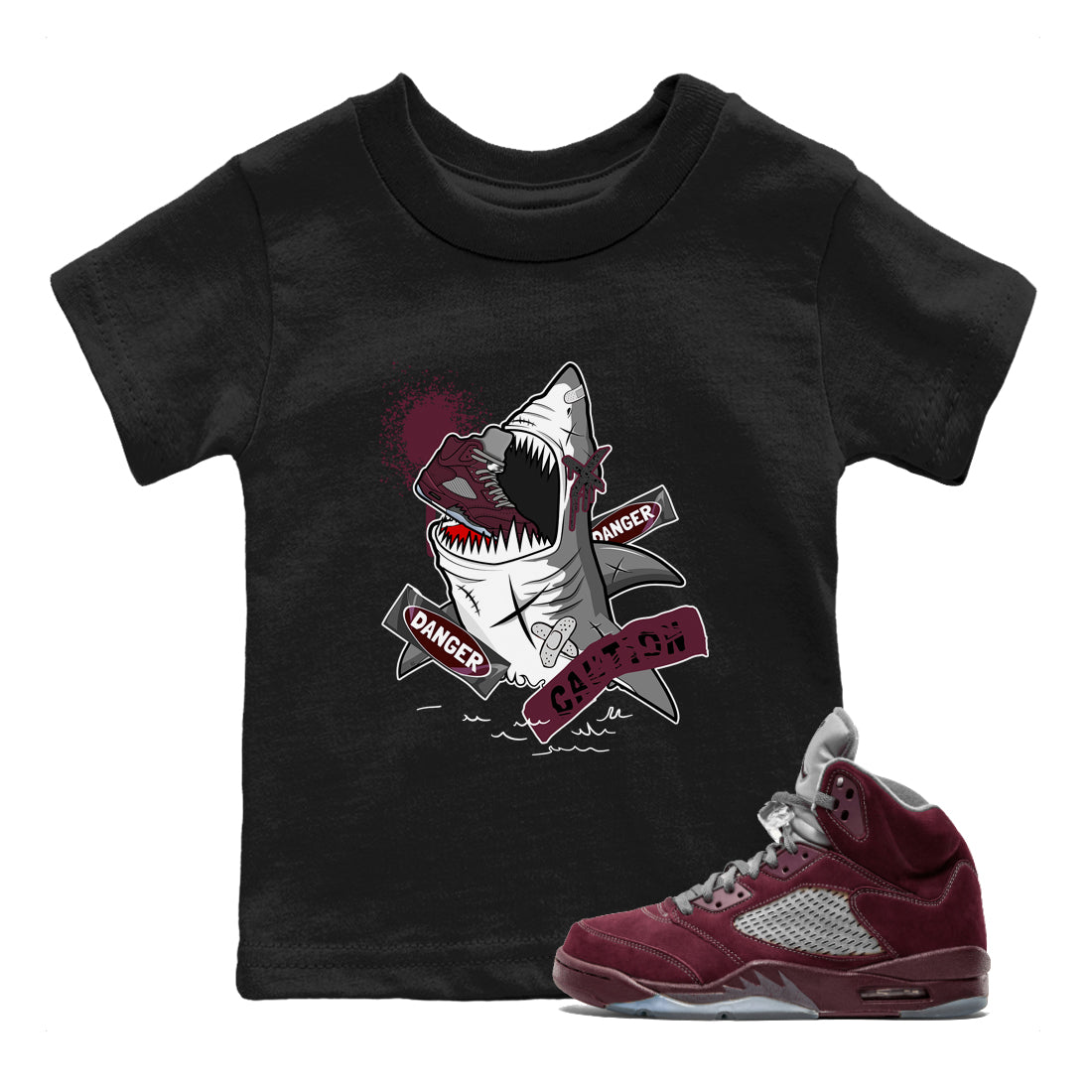 5s Burgundy shirt to match jordans Dangerous Shark Streetwear Sneaker Shirt Air Jordan 5 Burgundy Drip Gear Zone Sneaker Matching Clothing Baby Toddler Black 1 T-Shirt