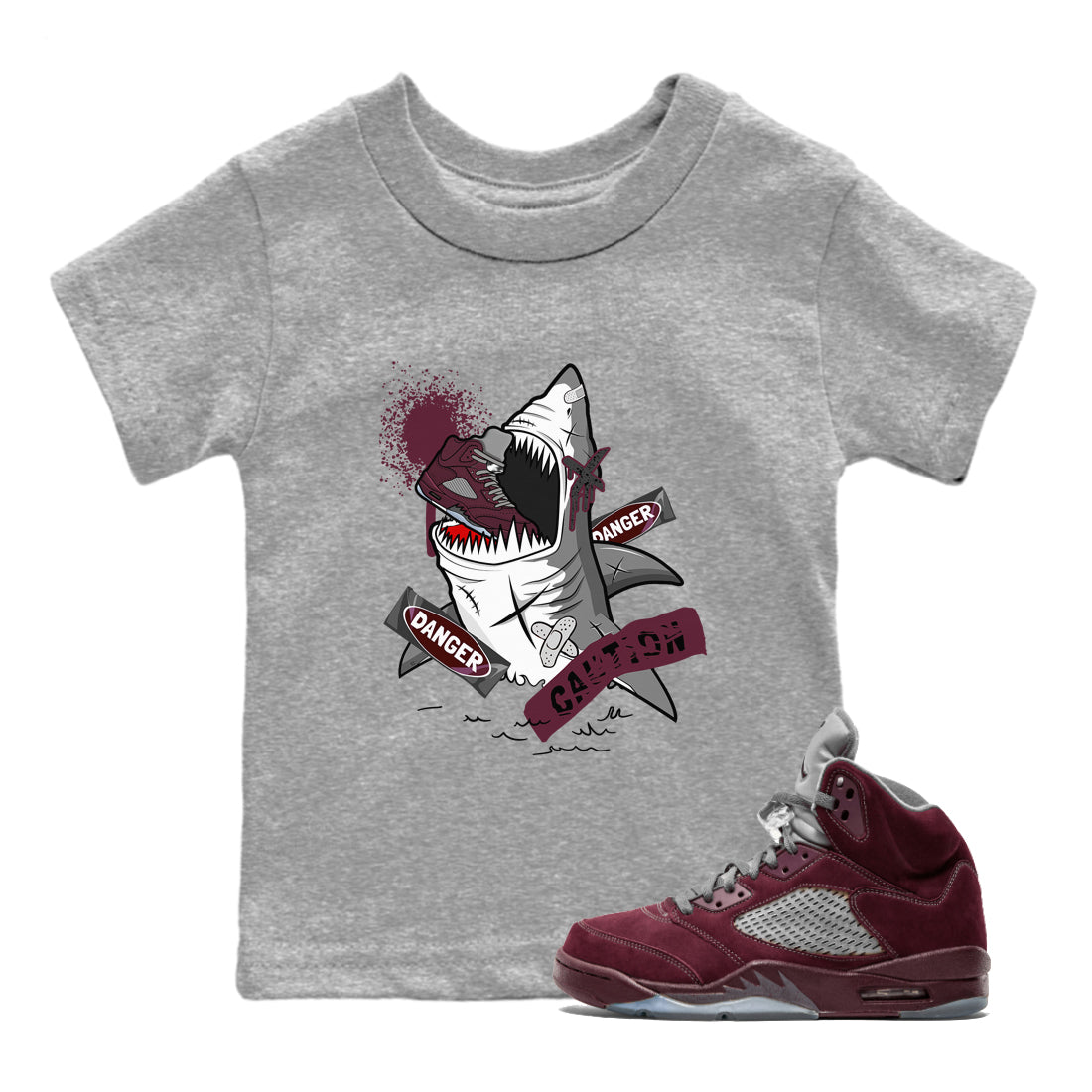 5s Burgundy shirt to match jordans Dangerous Shark Streetwear Sneaker Shirt Air Jordan 5 Burgundy Drip Gear Zone Sneaker Matching Clothing Baby Toddler Heather Grey 1 T-Shirt