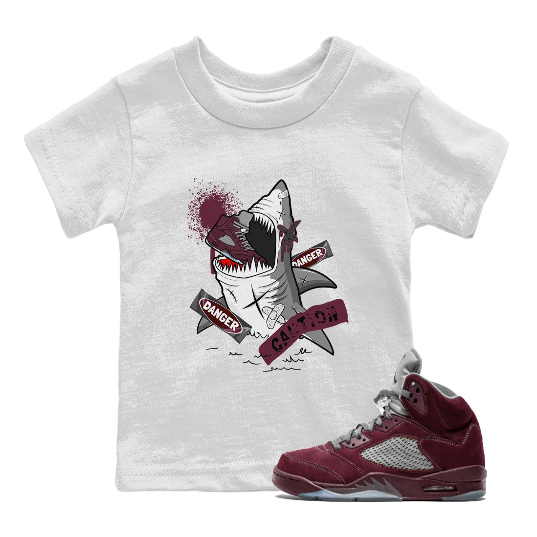 5s Burgundy shirt to match jordans Dangerous Shark Streetwear Sneaker Shirt Air Jordan 5 Burgundy Drip Gear Zone Sneaker Matching Clothing Baby Toddler White 1 T-Shirt