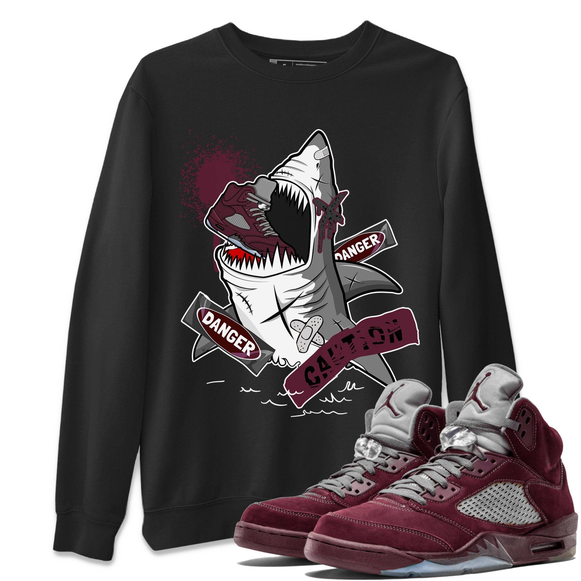 5s Burgundy shirt to match jordans Dangerous Shark Streetwear Sneaker Shirt Air Jordan 5 Burgundy Drip Gear Zone Sneaker Matching Clothing Unisex Black 1 T-Shirt