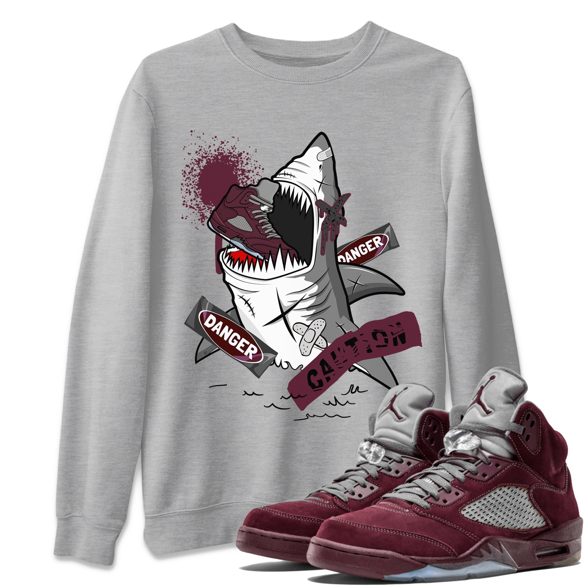 5s Burgundy shirt to match jordans Dangerous Shark Streetwear Sneaker Shirt Air Jordan 5 Burgundy Drip Gear Zone Sneaker Matching Clothing Unisex Heather Grey 1 T-Shirt