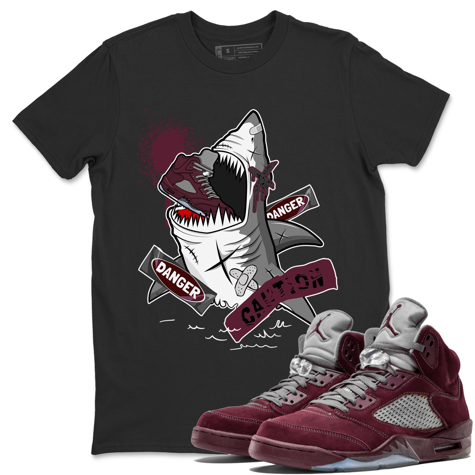 5s Burgundy shirt to match jordans Dangerous Shark Streetwear Sneaker Shirt Air Jordan 5 Burgundy Drip Gear Zone Sneaker Matching Clothing Unisex Black 1 T-Shirt