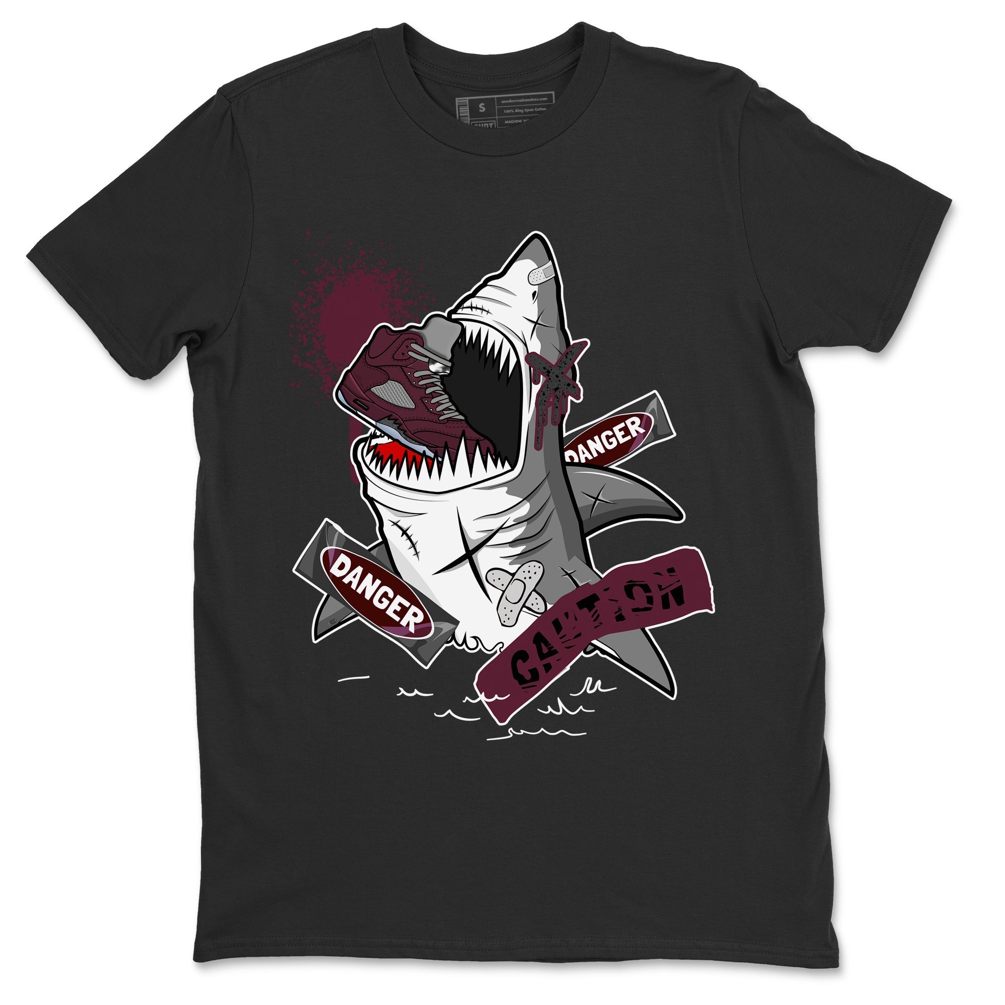 5s Burgundy shirt to match jordans Dangerous Shark Streetwear Sneaker Shirt Air Jordan 5 Burgundy Drip Gear Zone Sneaker Matching Clothing Unisex Black 2 T-Shirt
