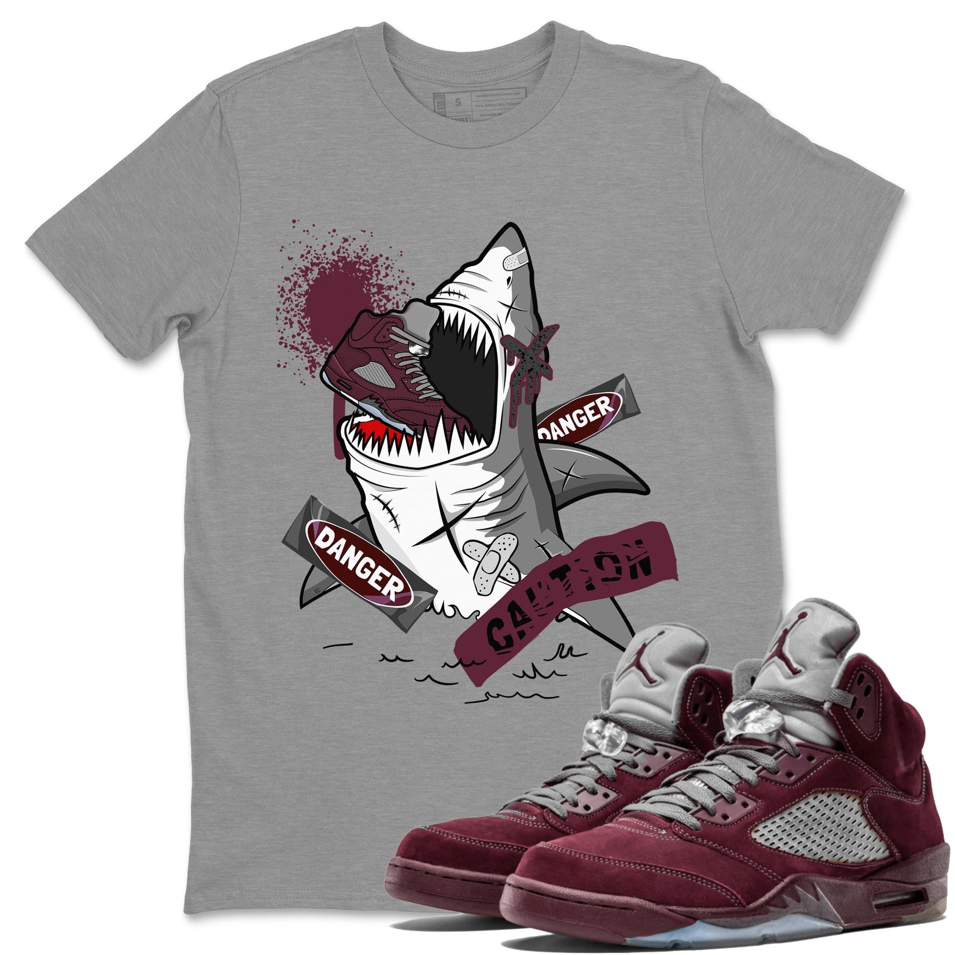 5s Burgundy shirt to match jordans Dangerous Shark Streetwear Sneaker Shirt Air Jordan 5 Burgundy Drip Gear Zone Sneaker Matching Clothing Unisex Heather Grey 1 T-Shirt