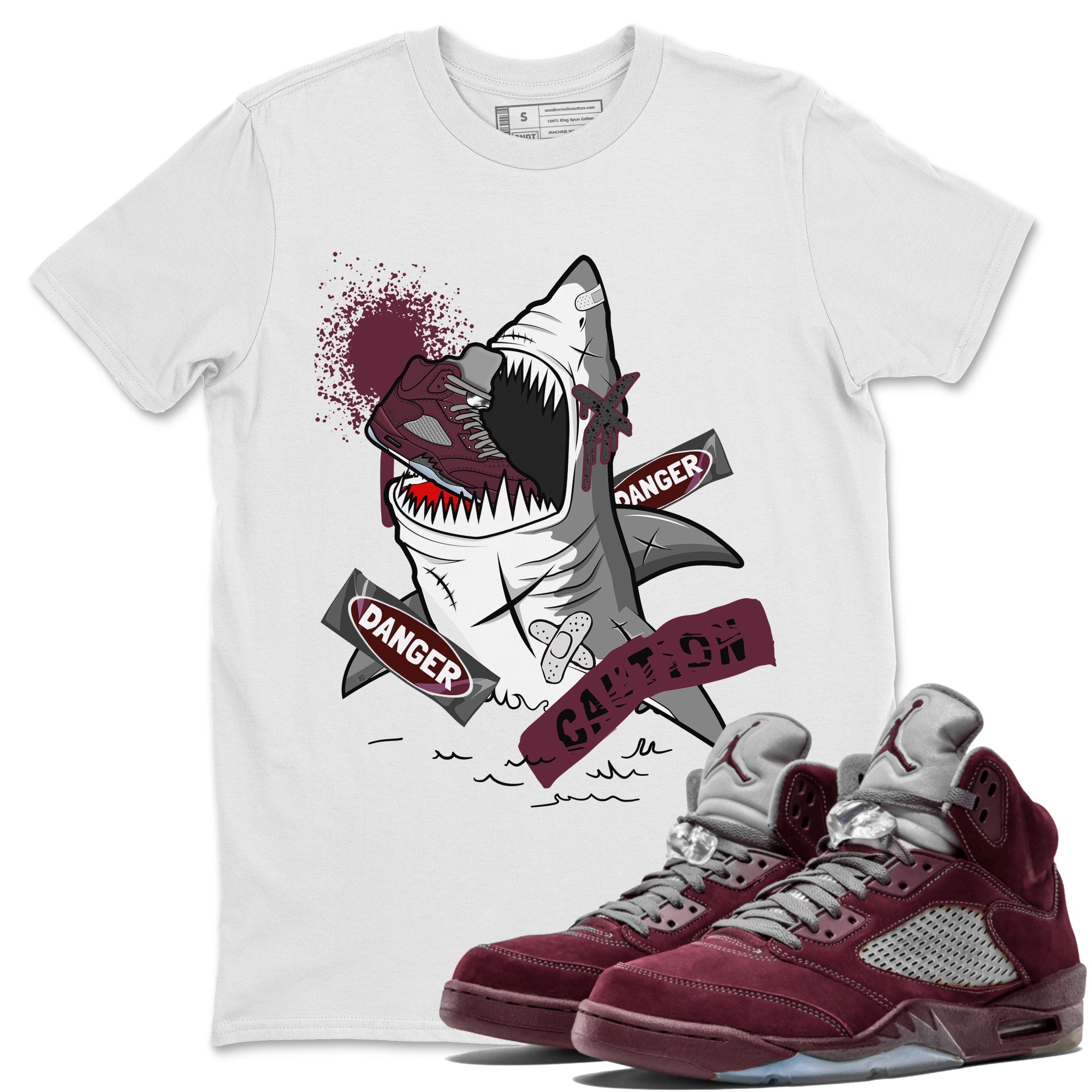 5s Burgundy shirt to match jordans Dangerous Shark Streetwear Sneaker Shirt Air Jordan 5 Burgundy Drip Gear Zone Sneaker Matching Clothing Unisex White 1 T-Shirt