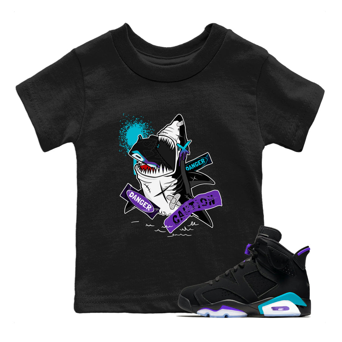 Aqua 6s shirt to match jordans Dangerous Shark Streetwear Sneaker Shirt Air Jordan 6 Aqua Drip Gear Zone Sneaker Matching Clothing Baby Toddler Black 1 T-Shirt