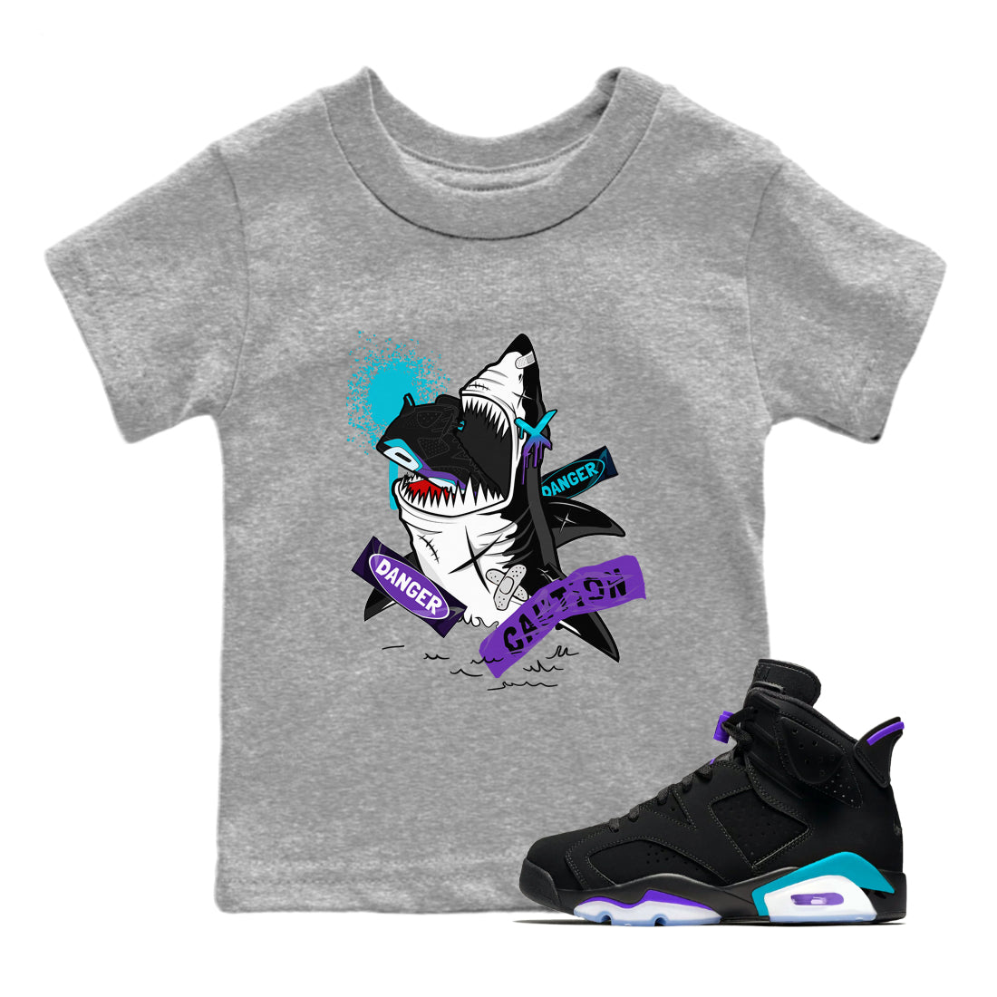 Aqua 6s shirt to match jordans Dangerous Shark Streetwear Sneaker Shirt Air Jordan 6 Aqua Drip Gear Zone Sneaker Matching Clothing Baby Toddler Heather Grey 1 T-Shirt