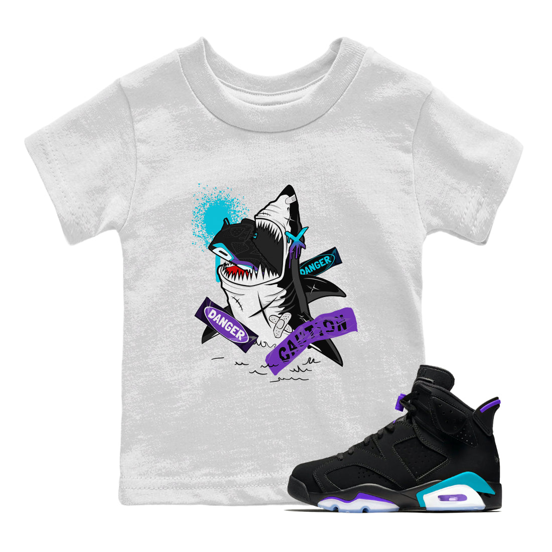 Aqua 6s shirt to match jordans Dangerous Shark Streetwear Sneaker Shirt Air Jordan 6 Aqua Drip Gear Zone Sneaker Matching Clothing Baby Toddler White 1 T-Shirt