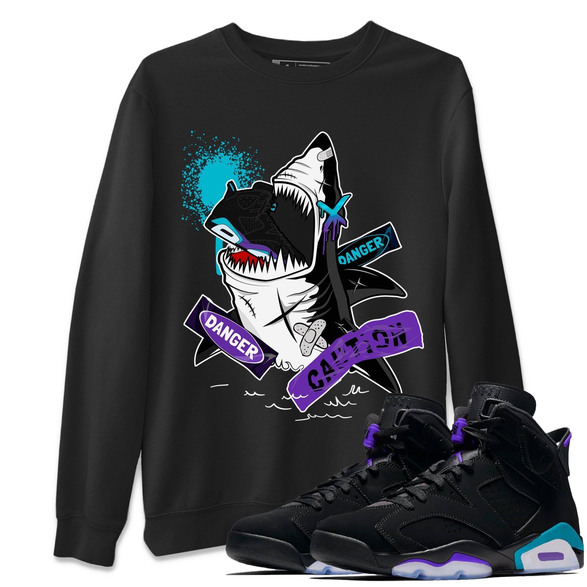 Aqua 6s shirt to match jordans Dangerous Shark Streetwear Sneaker Shirt Air Jordan 6 Aqua Drip Gear Zone Sneaker Matching Clothing Unisex Black 1 T-Shirt