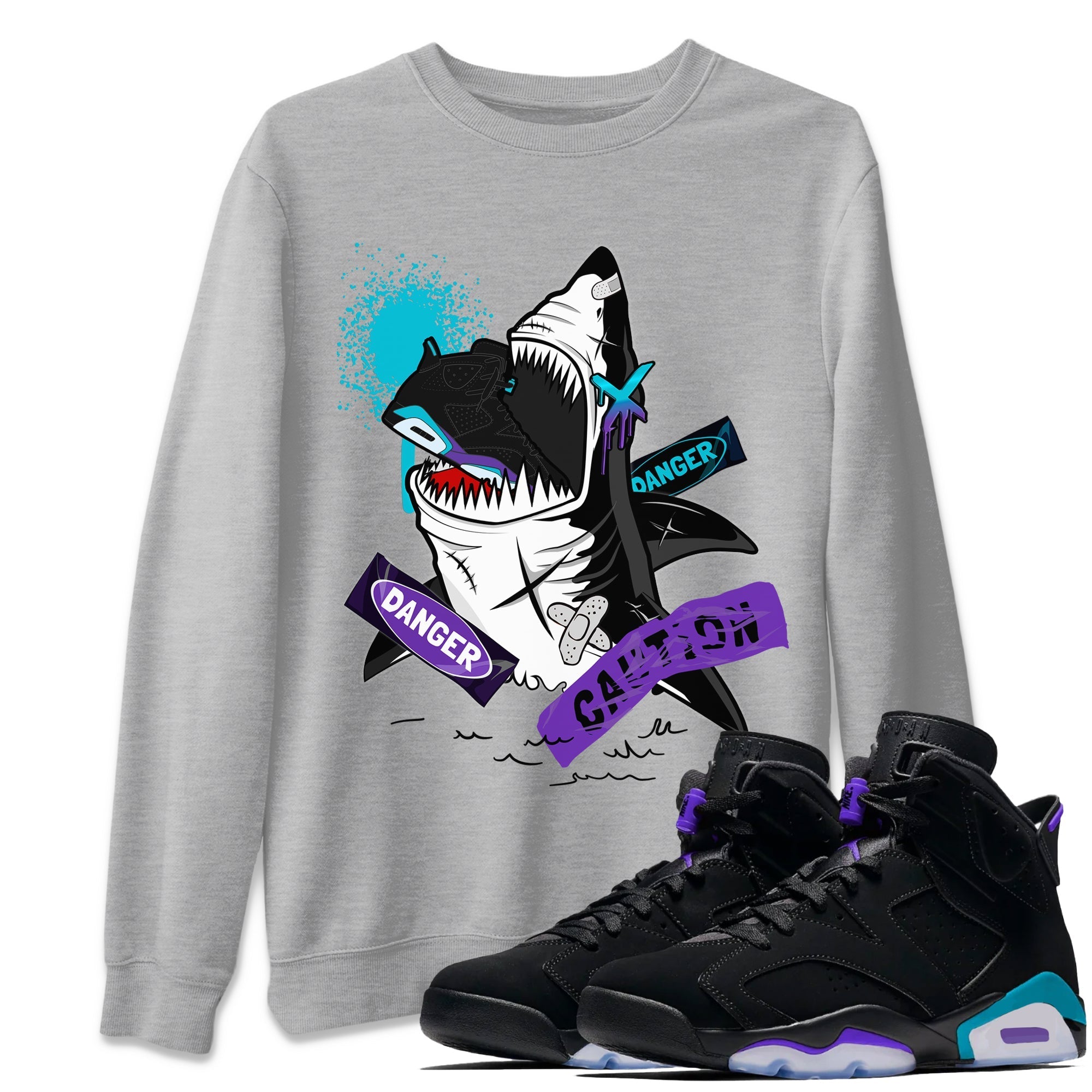 Aqua 6s shirt to match jordans Dangerous Shark Streetwear Sneaker Shirt Air Jordan 6 Aqua Drip Gear Zone Sneaker Matching Clothing Unisex Heather Grey 1 T-Shirt
