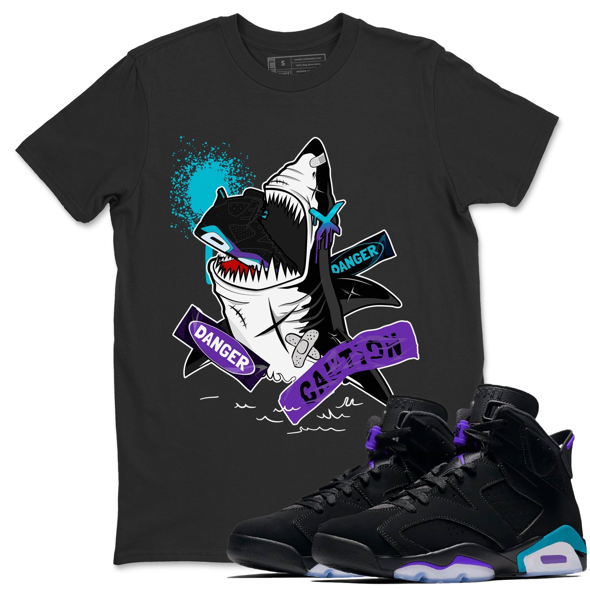Aqua 6s shirt to match jordans Dangerous Shark Streetwear Sneaker Shirt Air Jordan 6 Aqua Drip Gear Zone Sneaker Matching Clothing Unisex Black 1 T-Shirt