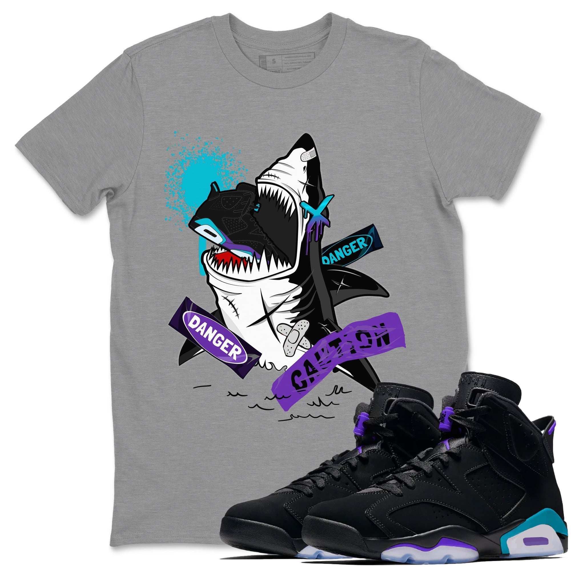 Aqua 6s shirt to match jordans Dangerous Shark Streetwear Sneaker Shirt Air Jordan 6 Aqua Drip Gear Zone Sneaker Matching Clothing Unisex Heather Grey 1 T-Shirt