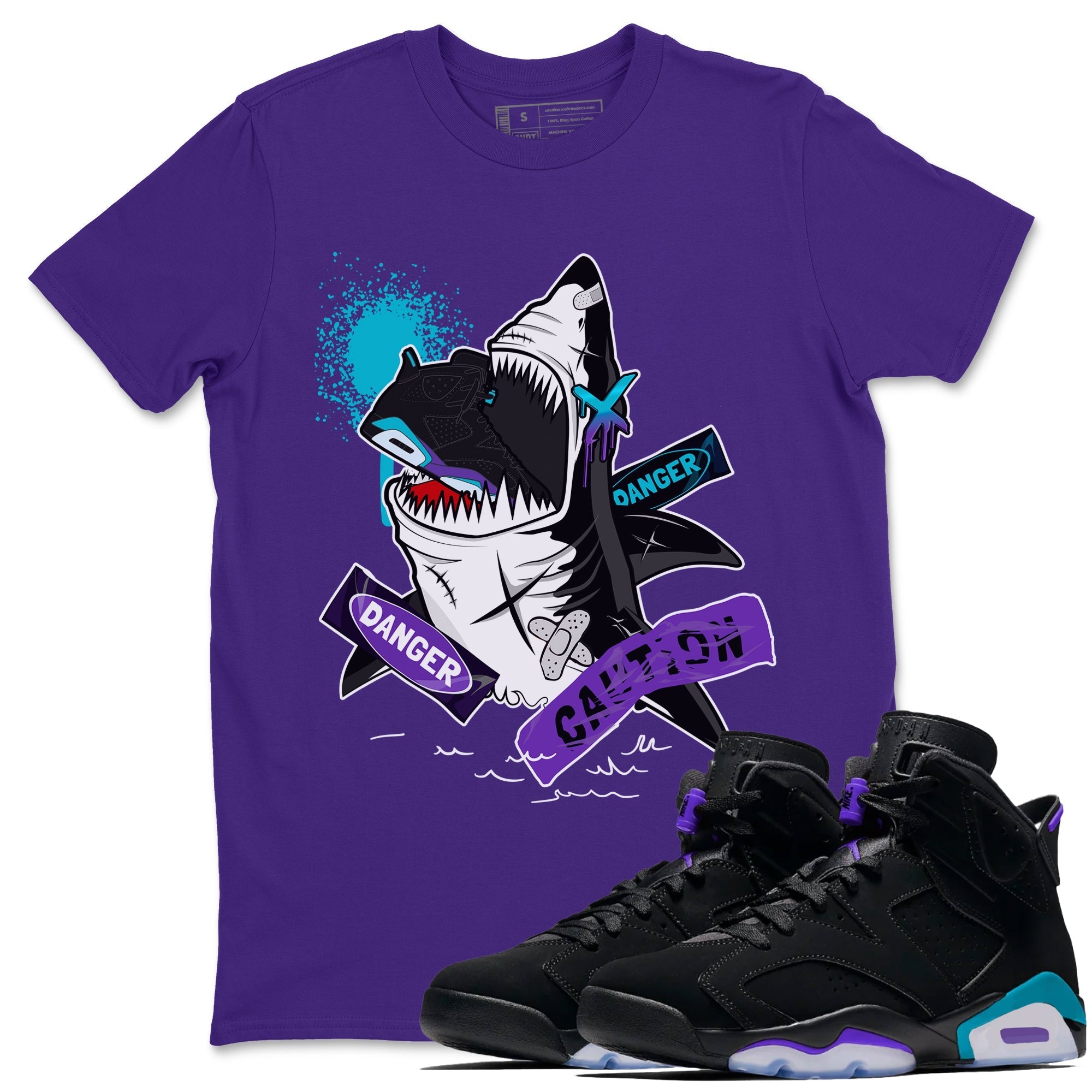 Aqua 6s shirt to match jordans Dangerous Shark Streetwear Sneaker Shirt Air Jordan 6 Aqua Drip Gear Zone Sneaker Matching Clothing Unisex Purple 1 T-Shirt