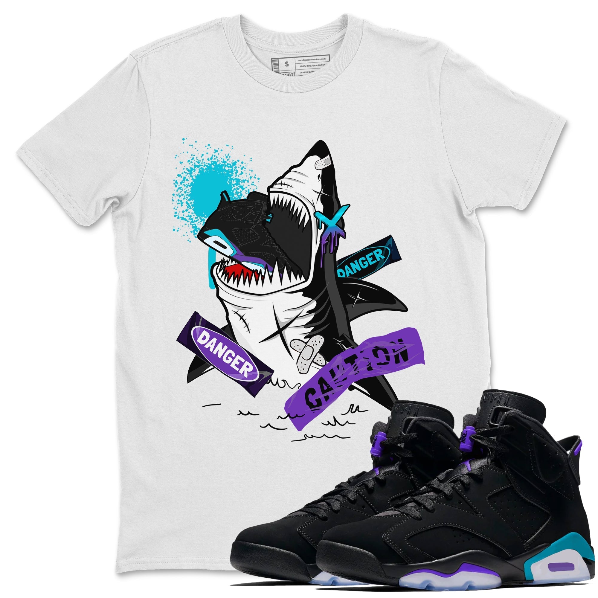 Aqua 6s shirt to match jordans Dangerous Shark Streetwear Sneaker Shirt Air Jordan 6 Aqua Drip Gear Zone Sneaker Matching Clothing Unisex White 1 T-Shirt