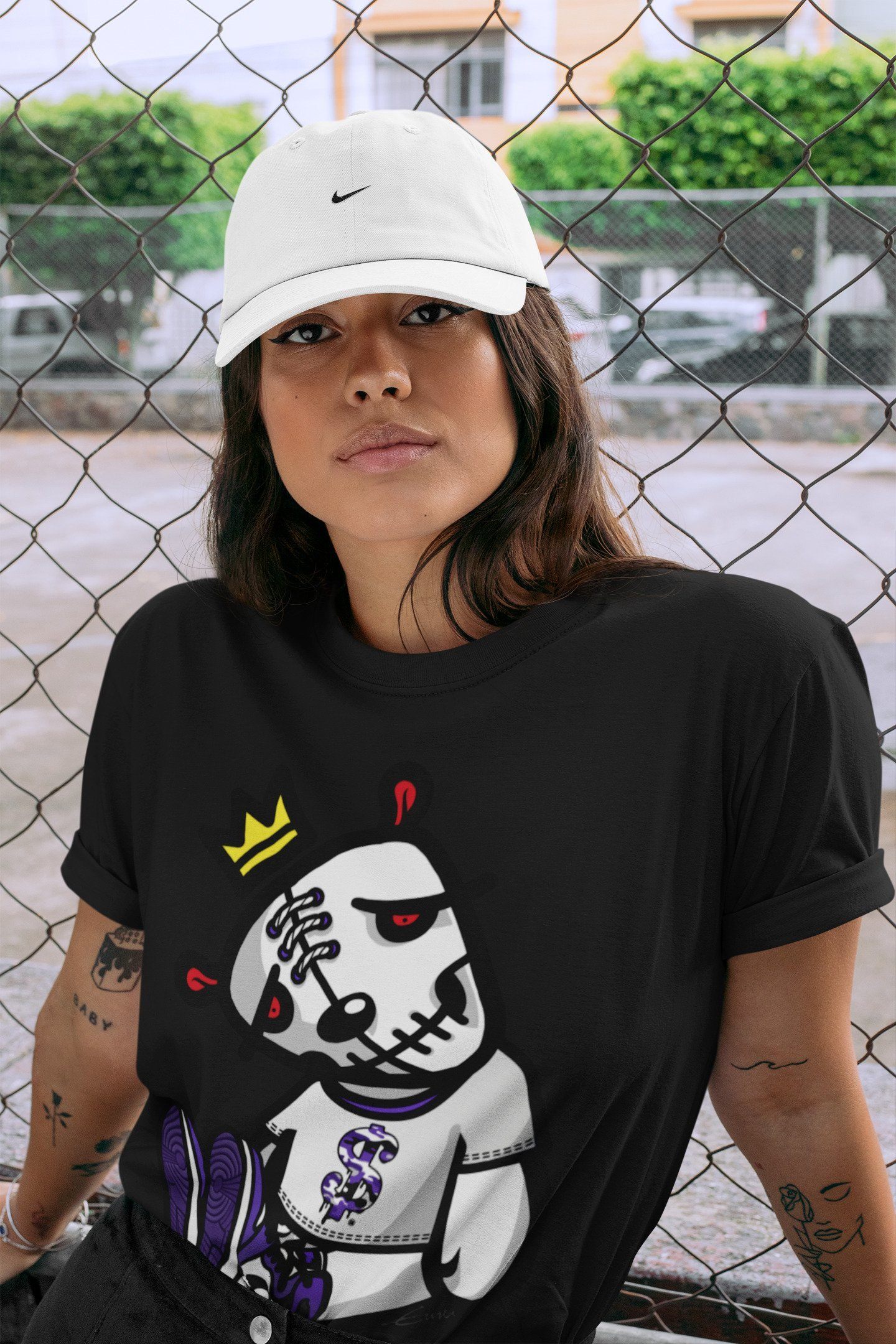 Jordan 1 Court Purple Sneaker Matching T-Shirt Dead Dolls Sneaker Tees Jordan 1 Court Purple Sneaker Release Tees Crew Neck Tees