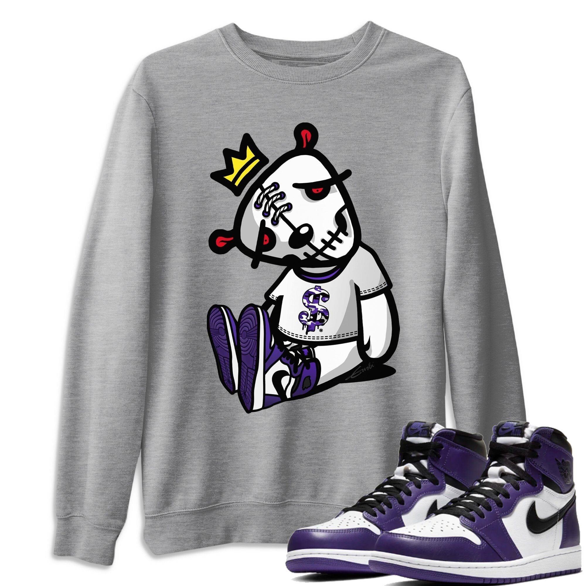 Jordan 1 Court Purple Sneaker Matching T-Shirt Dead Dolls Sneaker Tees Jordan 1 Court Purple Sneaker Release Tees Crew Neck Tees