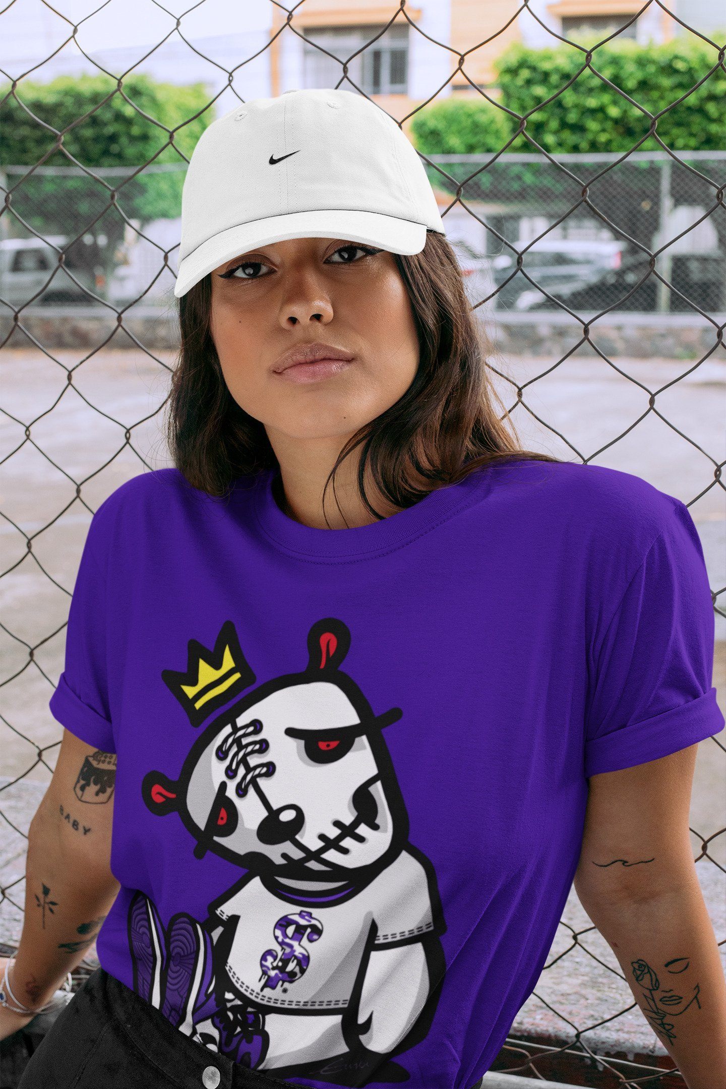 Jordan 1 Court Purple Sneaker Matching T-Shirt Dead Dolls Sneaker Tees Jordan 1 Court Purple Sneaker Release Tees Crew Neck Tees