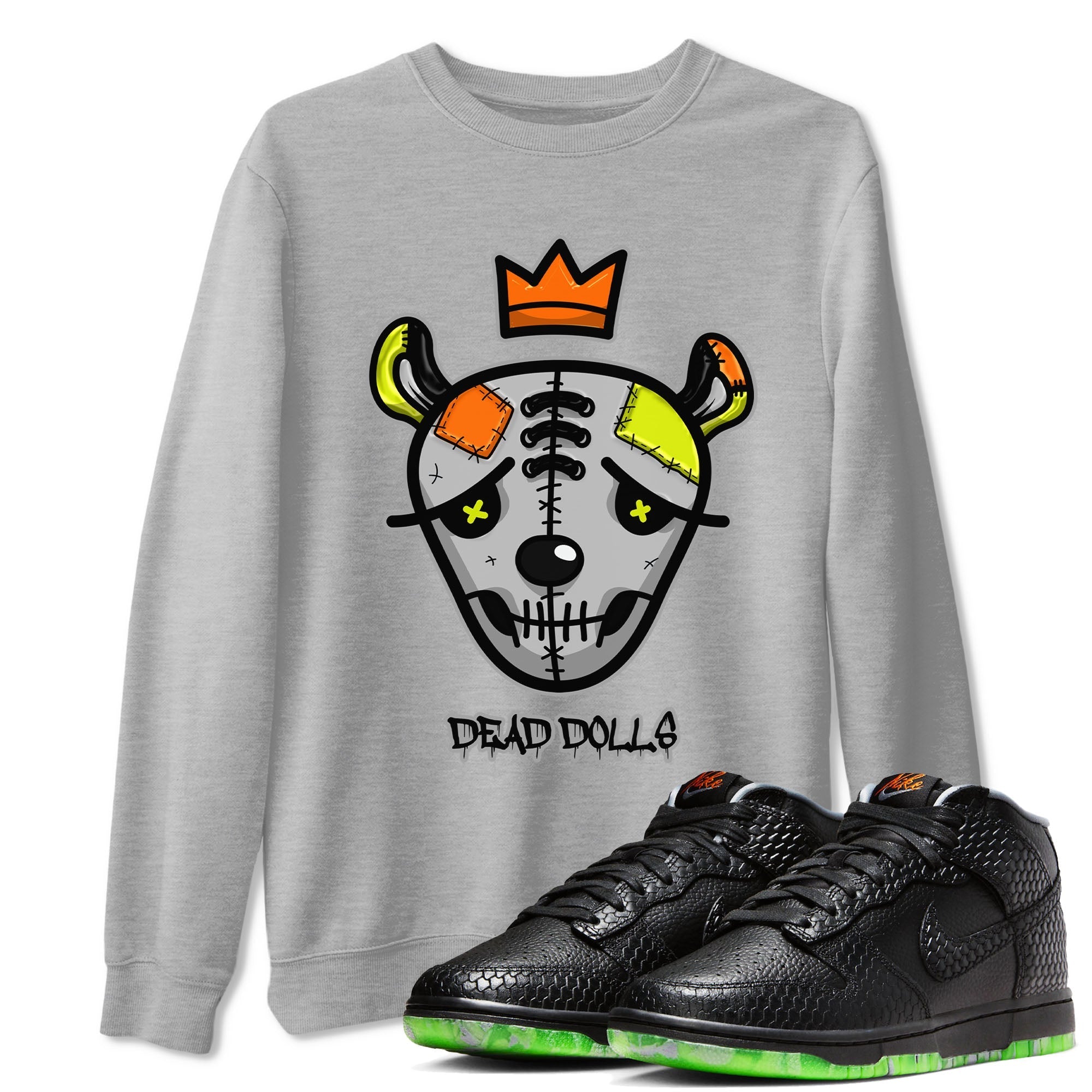 Nike Dunk Halloween shirt to match jordans Dead Dolls Face sneaker tees Nike Dunk Mid Halloween Drip Gear Zone Sneaker Matching Clothing Brand Unisex Sneaker Tee Heather Grey 1 T-Shirt