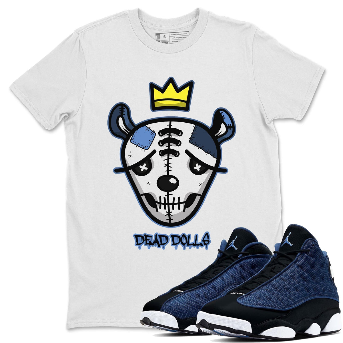 Jordan 13 Brave Blue Sneaker Matching T-Shirt Dead Dolls Face Sneaker Tees Jordan 13 Brave Blue Sneaker Release Tees Crew Neck Tees