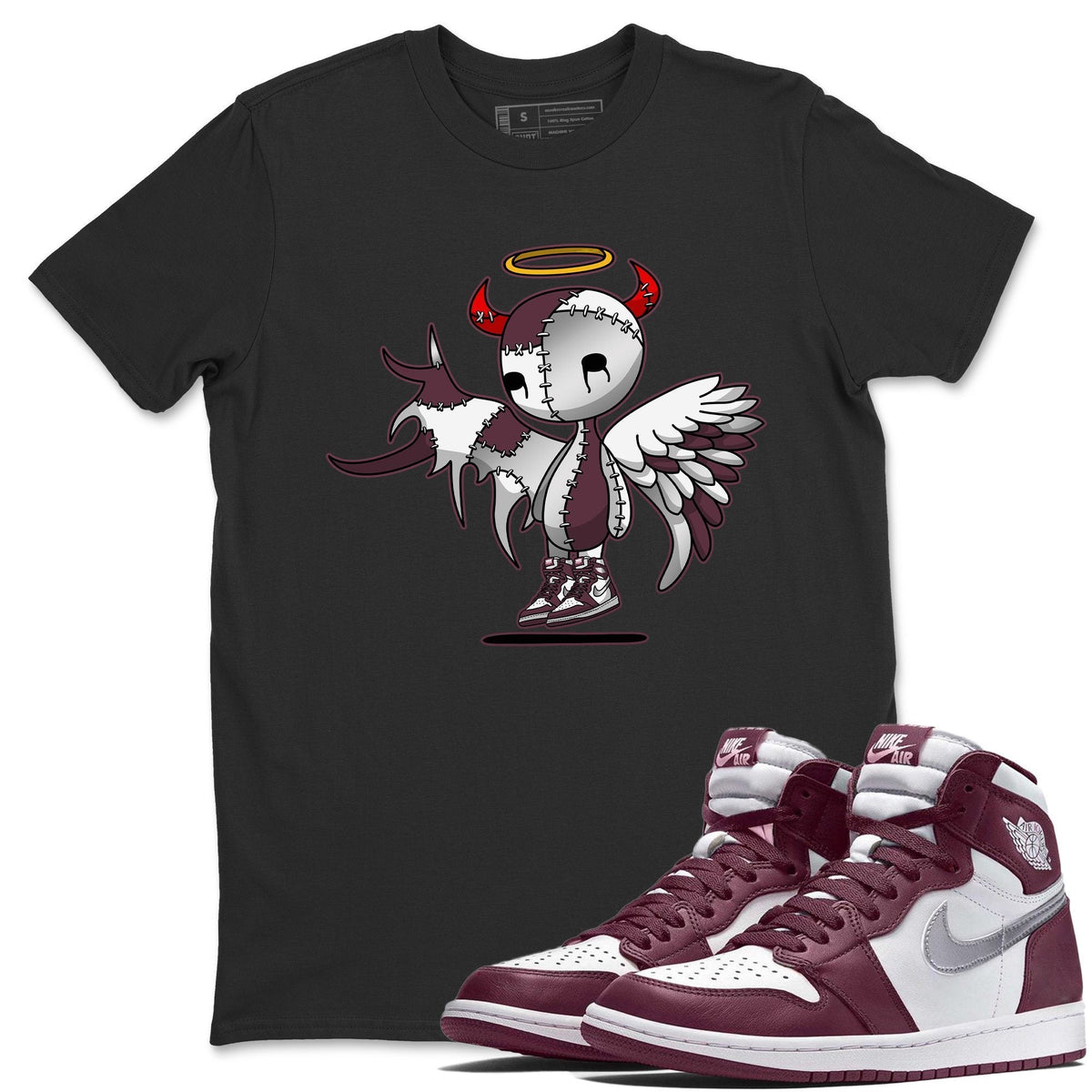 Jordan 1 Bordeaux Sneaker Matching T-Shirt Devil Angel Sneaker Tees Jordan 1 Bordeaux Sneaker Release Tees Crew Neck Tees