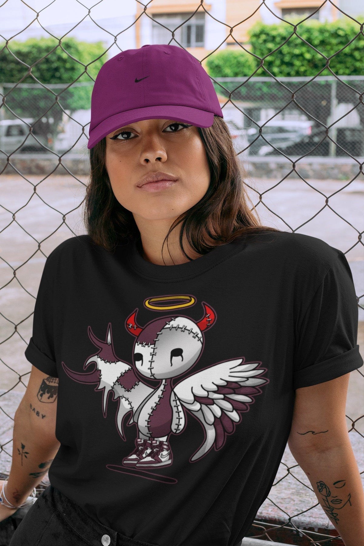 Jordan 1 Bordeaux Sneaker Matching T-Shirt Devil Angel Sneaker Tees Jordan 1 Bordeaux Sneaker Release Tees Crew Neck Tees